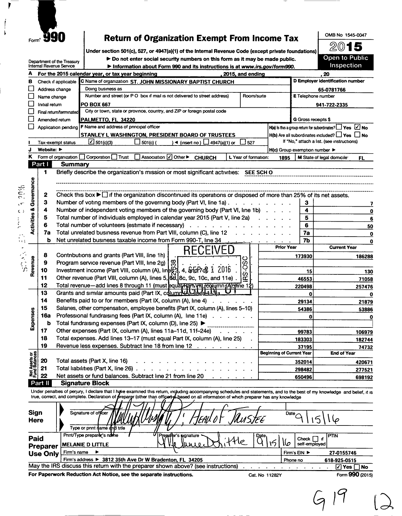 Image of first page of 2015 Form 990 for St John Missionary Baptist Church