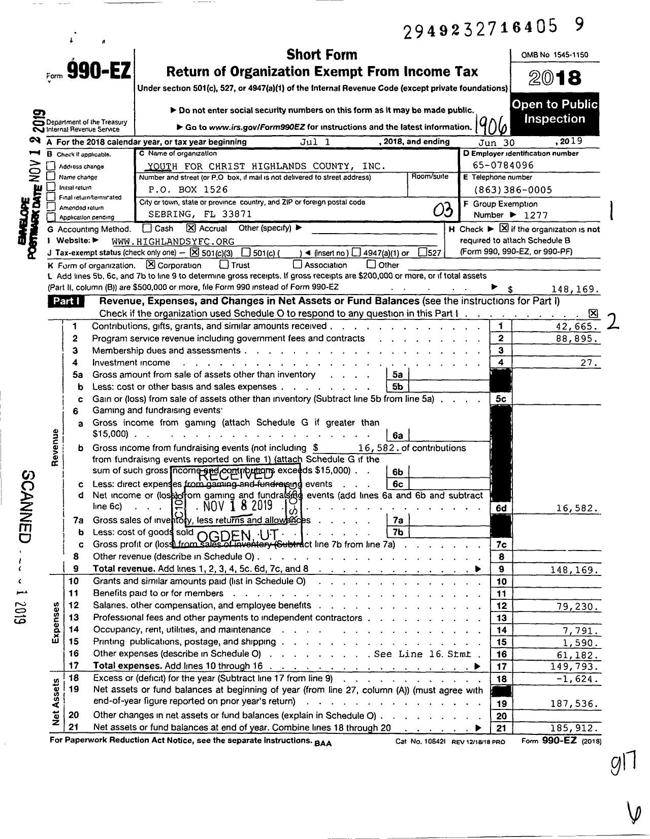 Image of first page of 2018 Form 990EZ for Youth for Christ - Highlands County