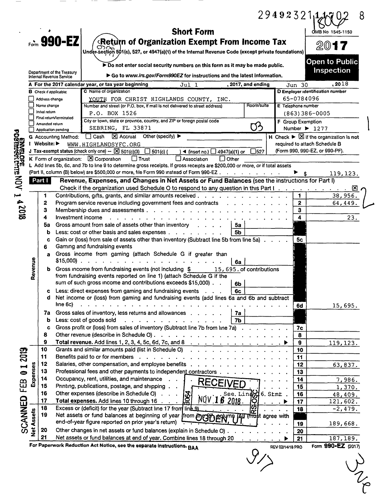 Image of first page of 2017 Form 990EZ for Youth for Christ - Highlands County