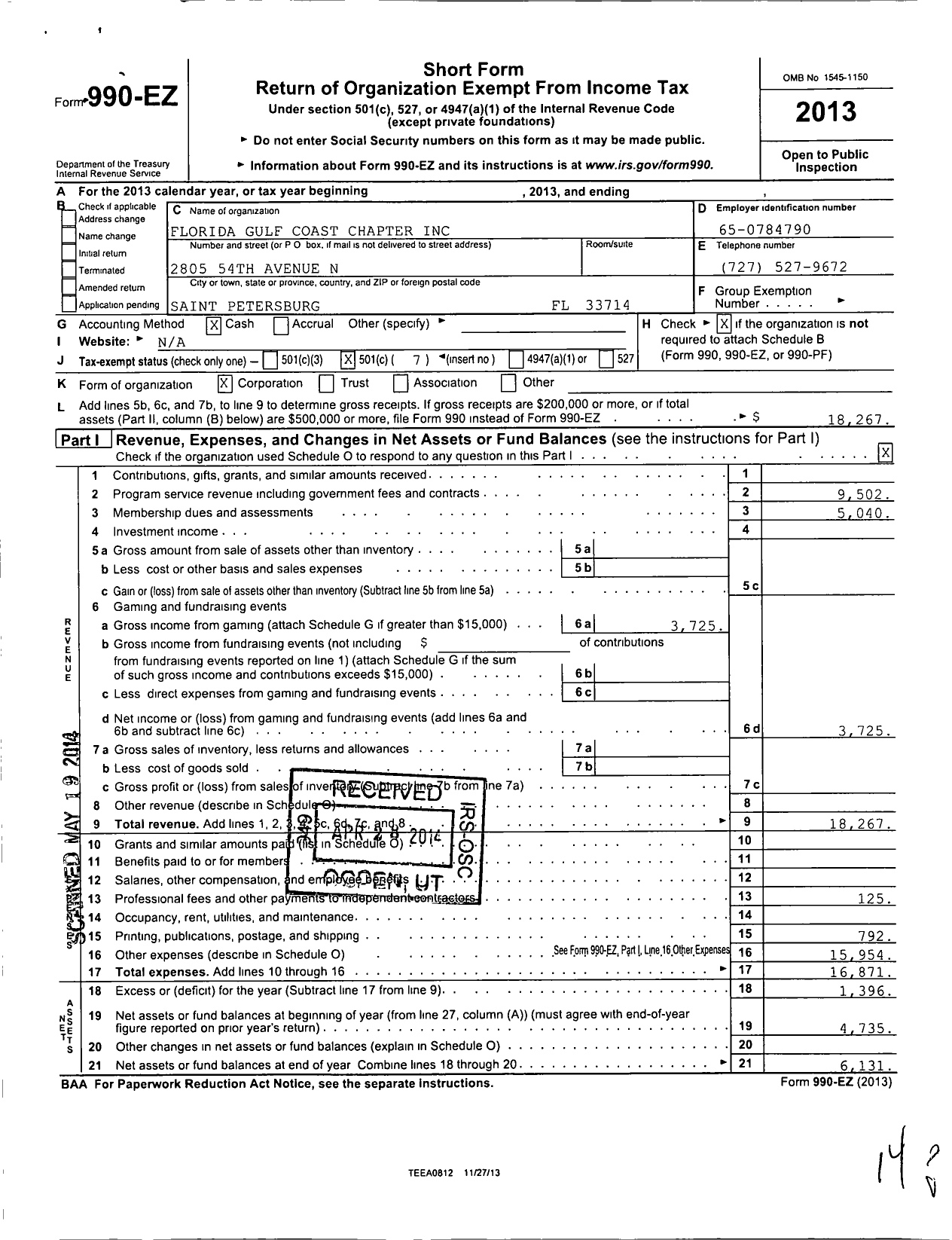 Image of first page of 2013 Form 990EO for Florida Gulf Coast Chapter