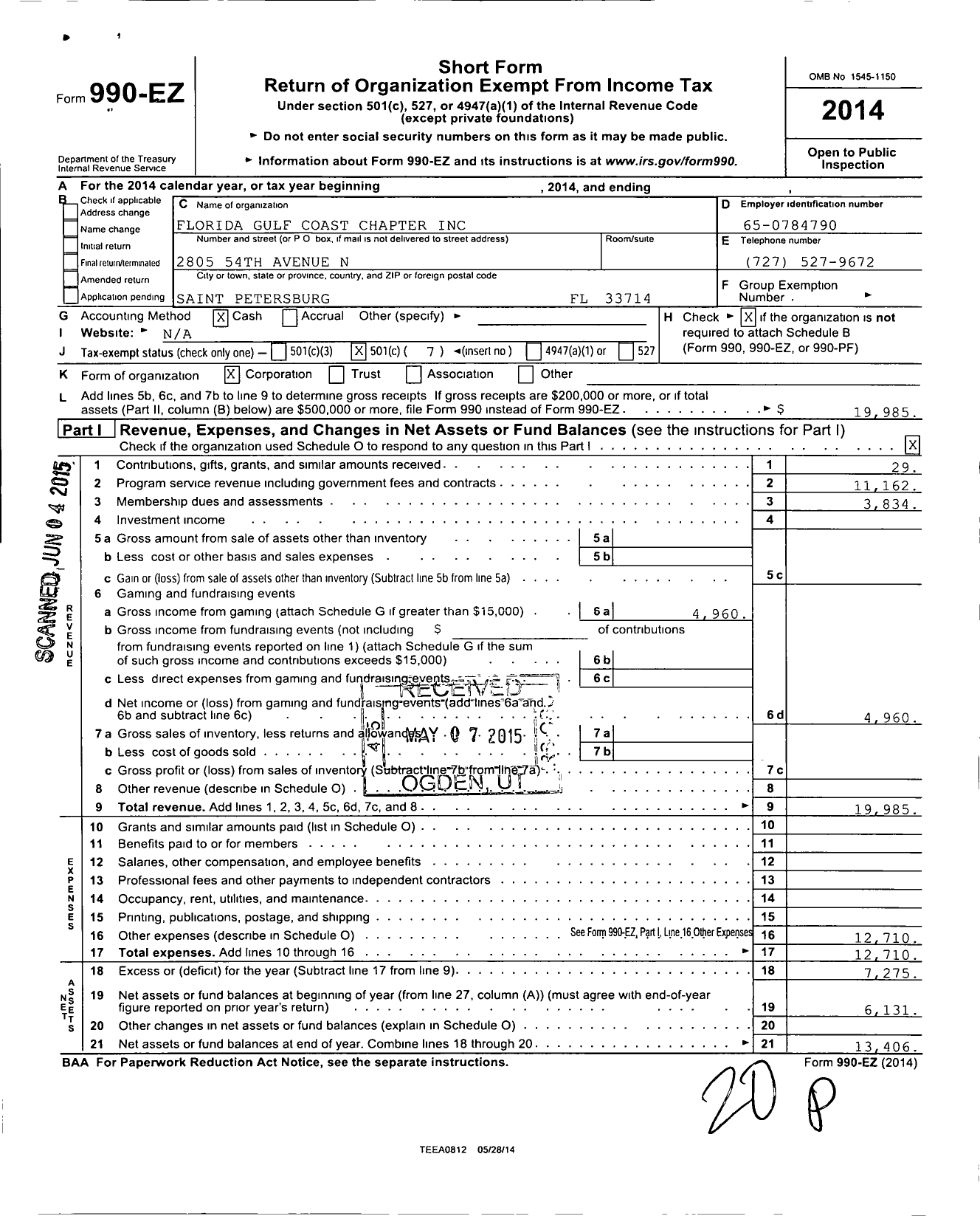 Image of first page of 2014 Form 990EO for Florida Gulf Coast Chapter