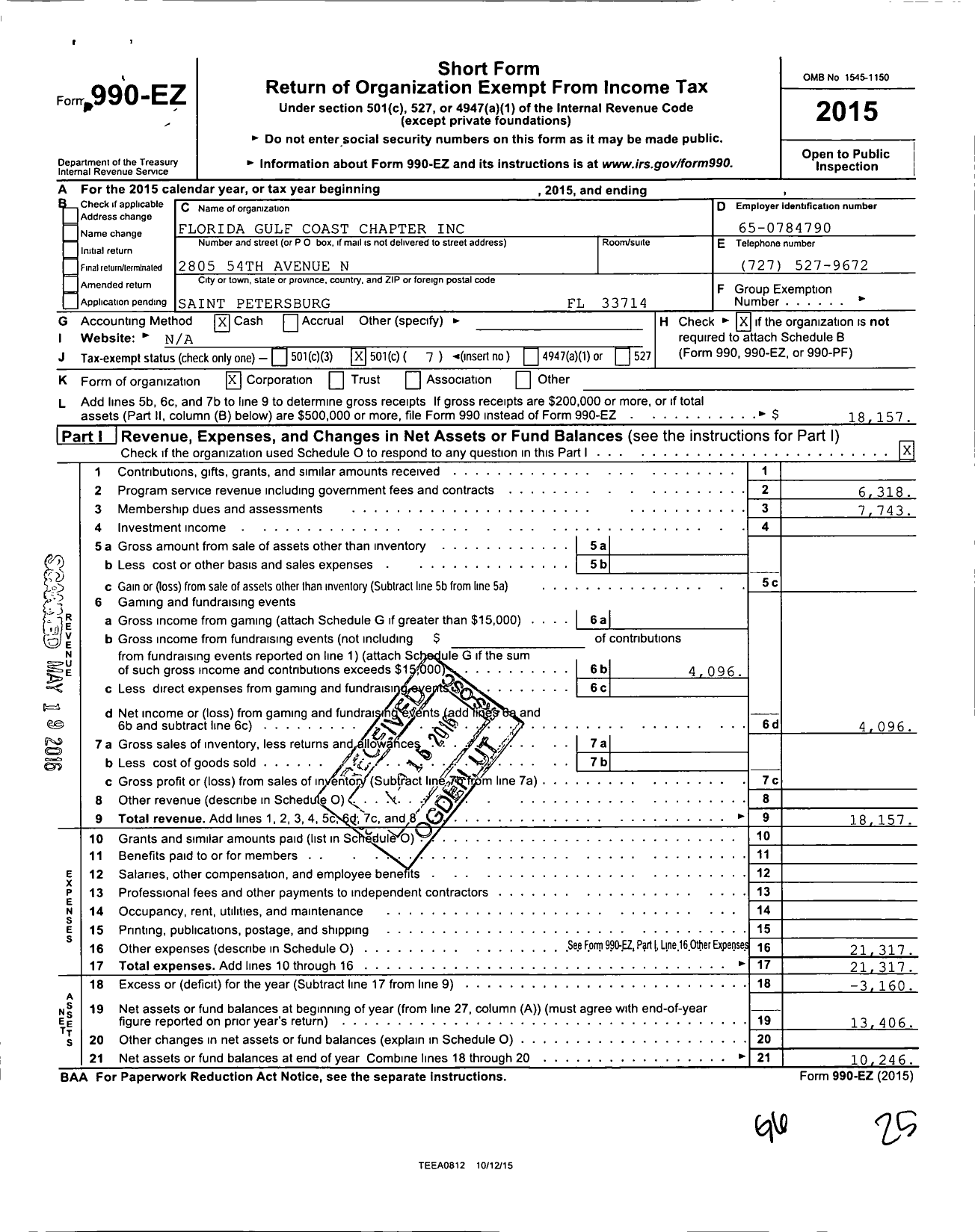 Image of first page of 2015 Form 990EO for Florida Gulf Coast Chapter