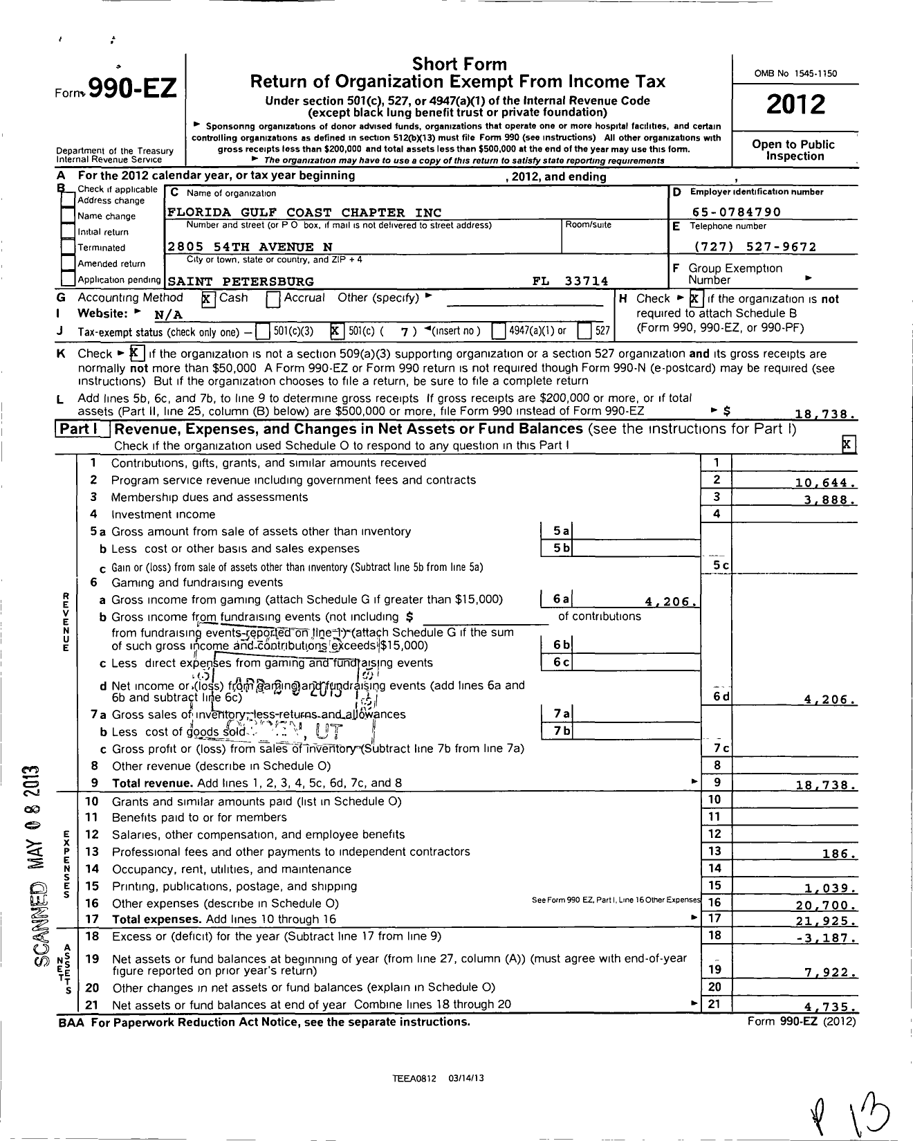 Image of first page of 2012 Form 990EO for Florida Gulf Coast Chapter