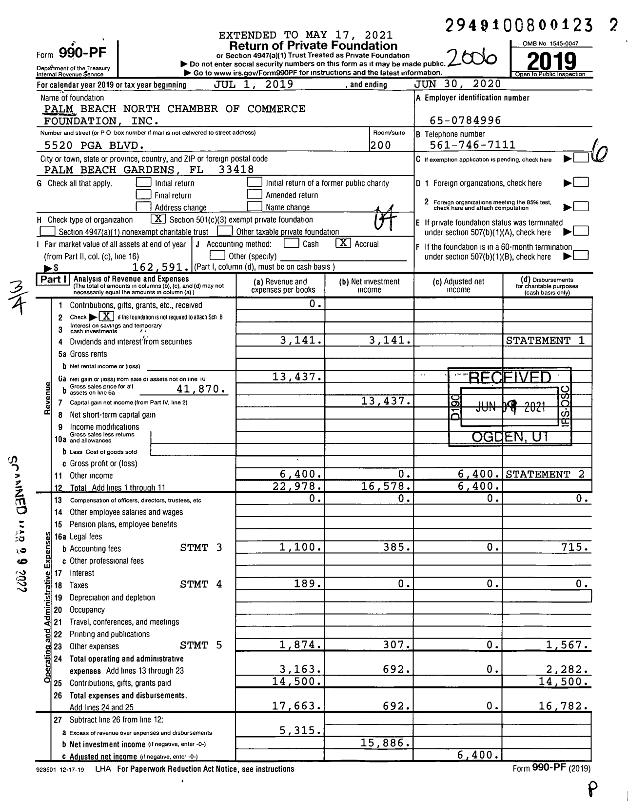 Image of first page of 2019 Form 990PF for Palm Beach North Chamber of Commerce Foundation