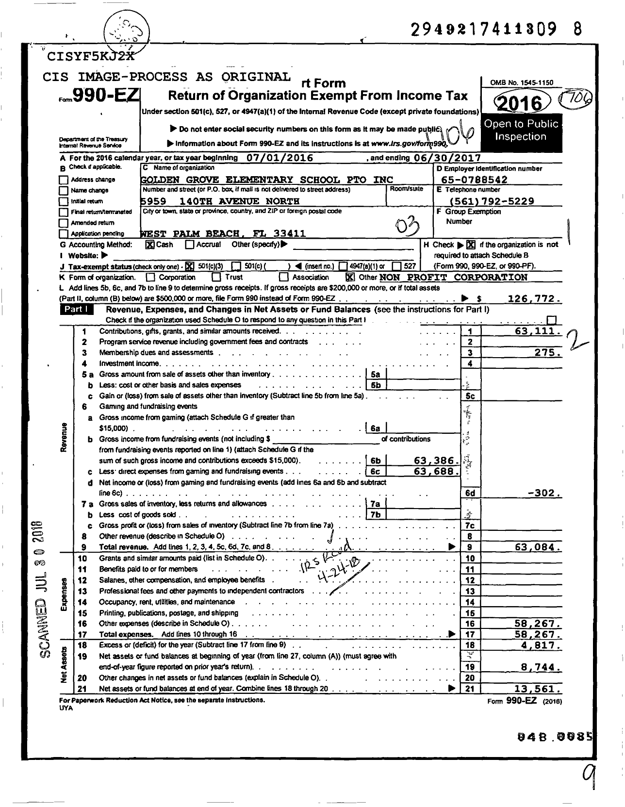 Image of first page of 2016 Form 990EZ for Golden Grove Elementary School Pto