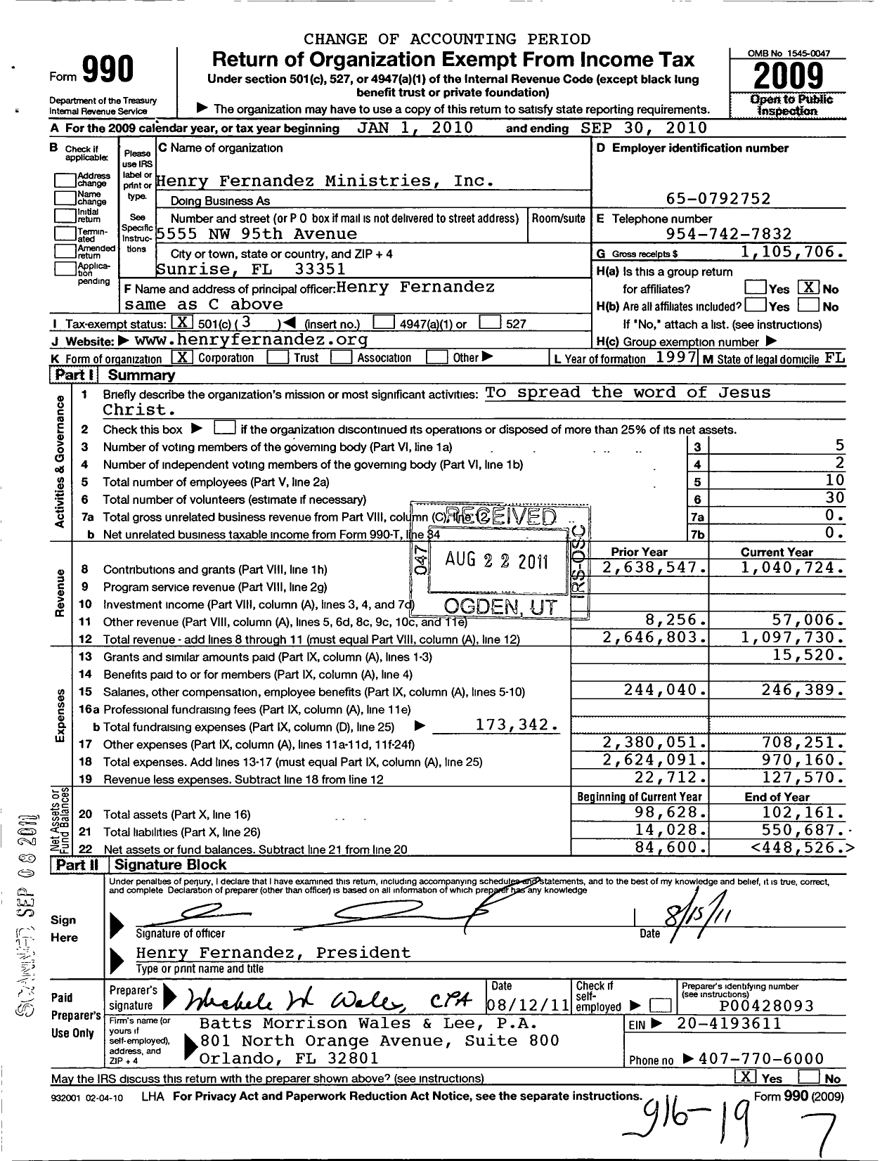 Image of first page of 2009 Form 990 for Henry Fernandez Ministries