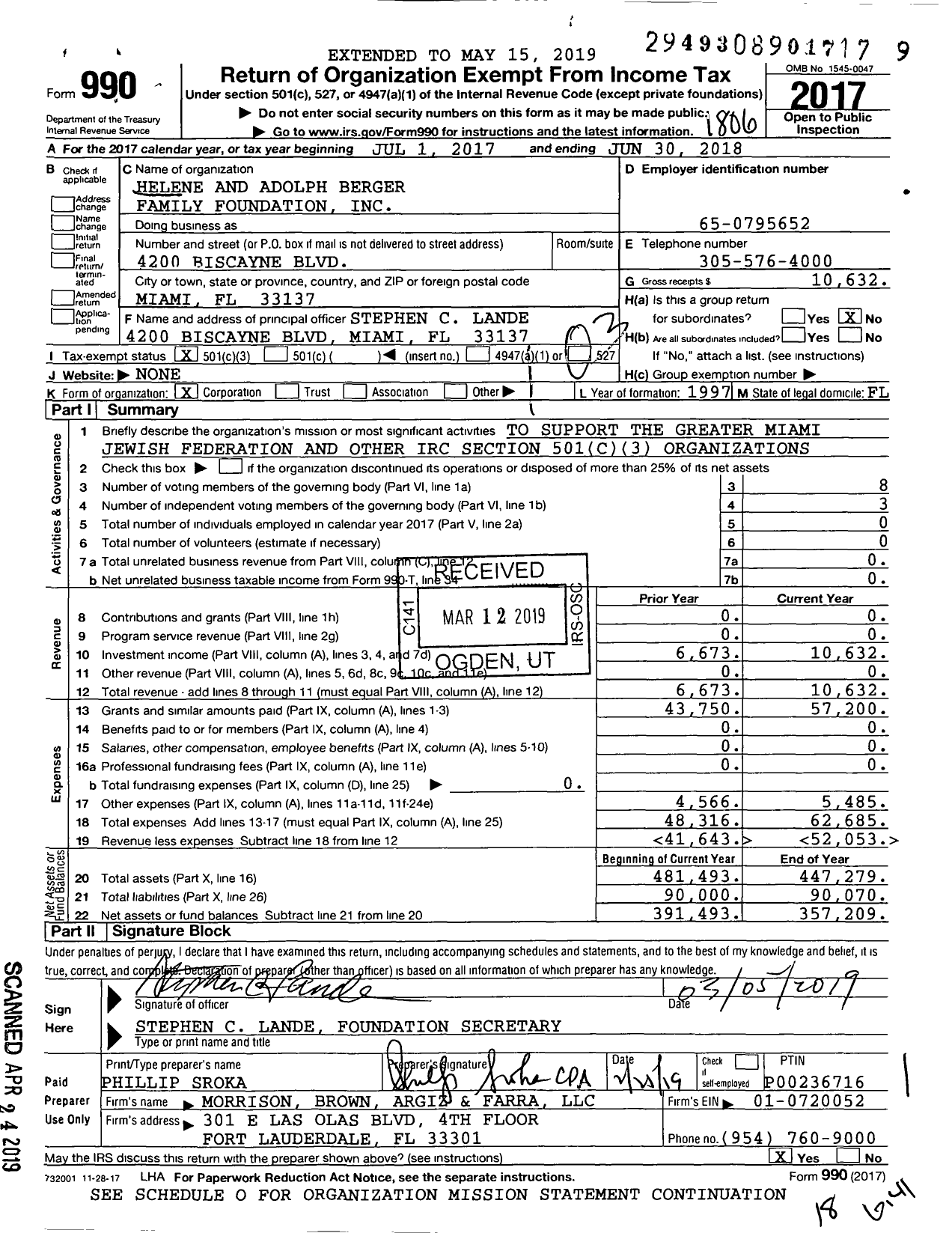 Image of first page of 2017 Form 990 for Helene and Adolph Berger Family Foundation