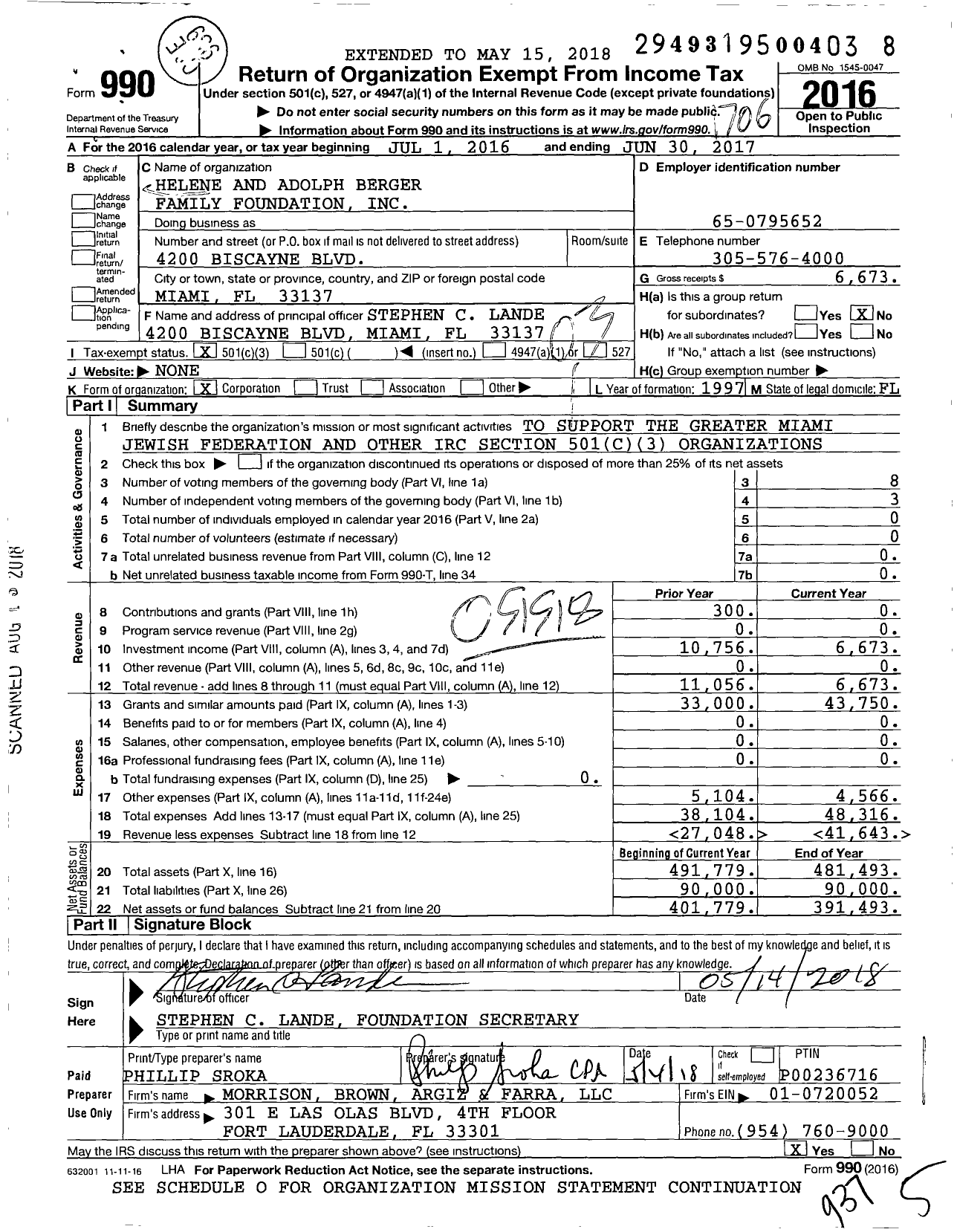 Image of first page of 2016 Form 990 for Helene and Adolph Berger Family Foundation