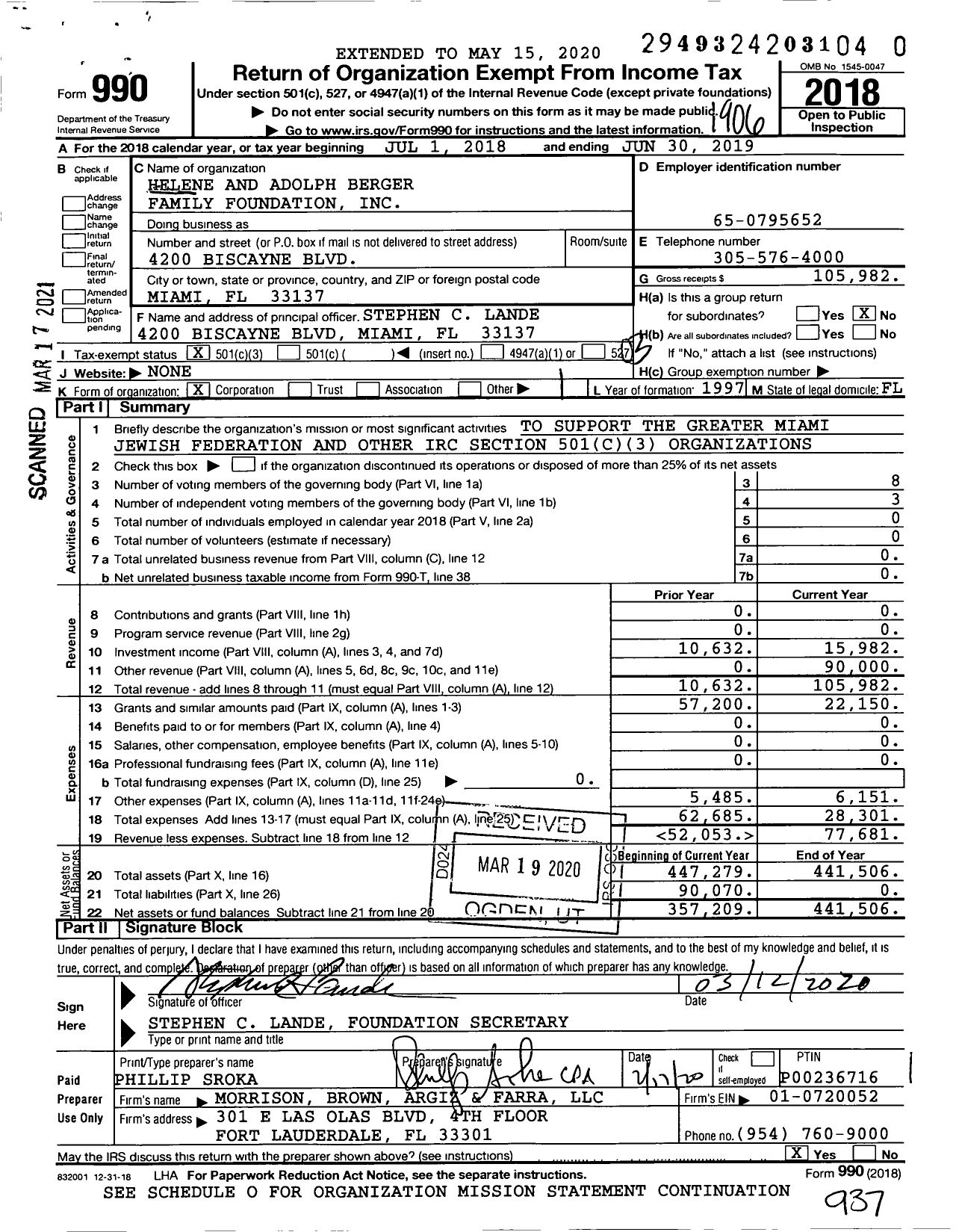 Image of first page of 2018 Form 990 for Helene and Adolph Berger Family Foundation