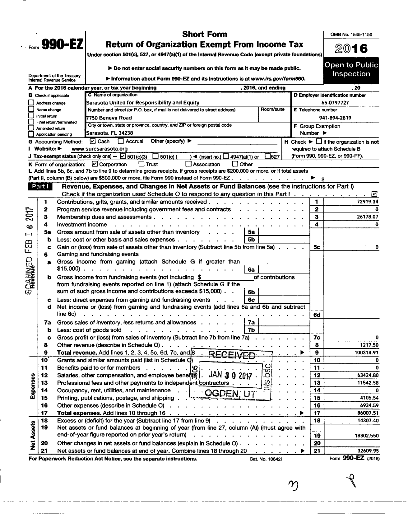 Image of first page of 2016 Form 990EZ for Sarasota United for Responsibility and Equity-S U R E