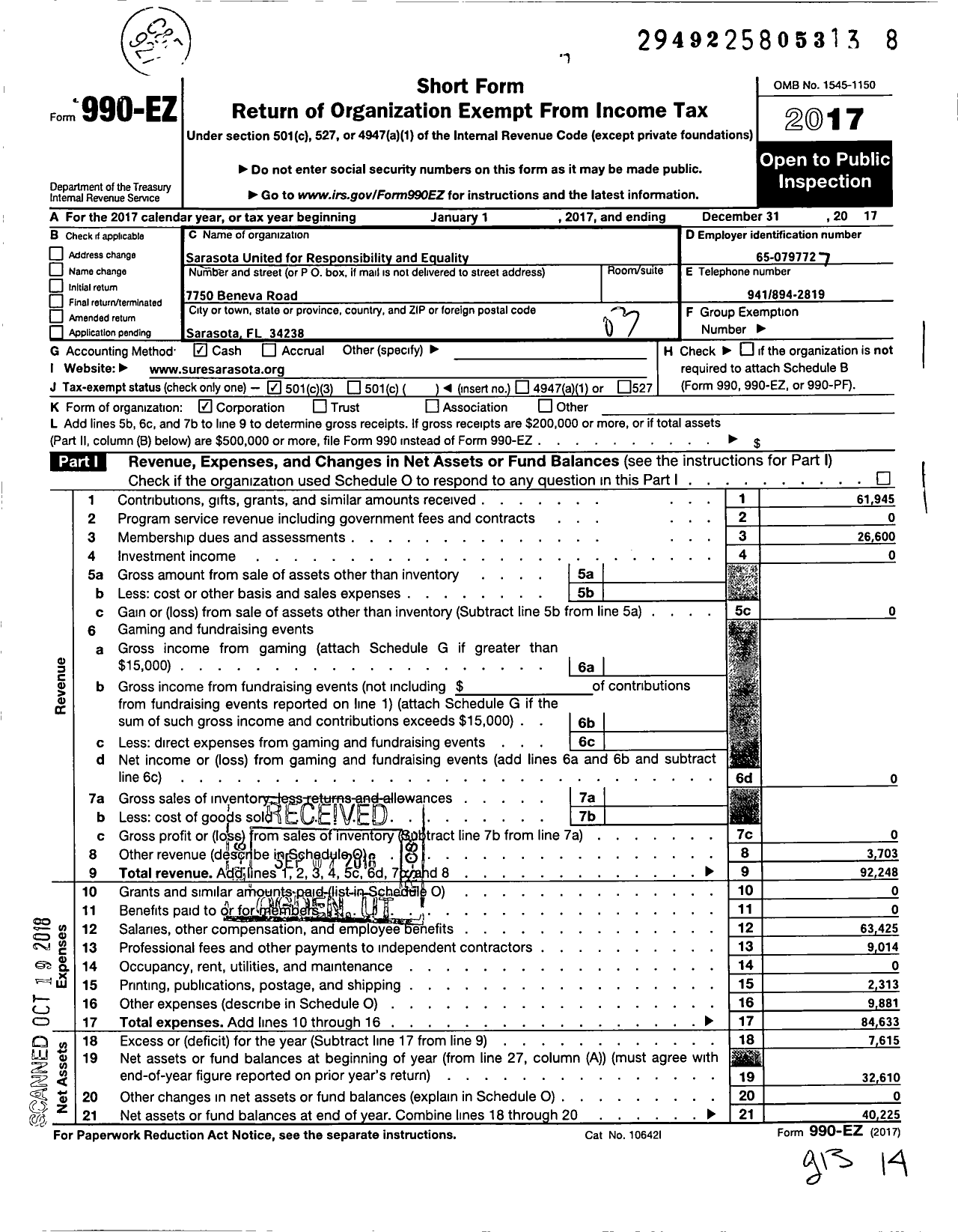 Image of first page of 2017 Form 990EZ for Sarasota United for Responsibility and Equity-S U R E