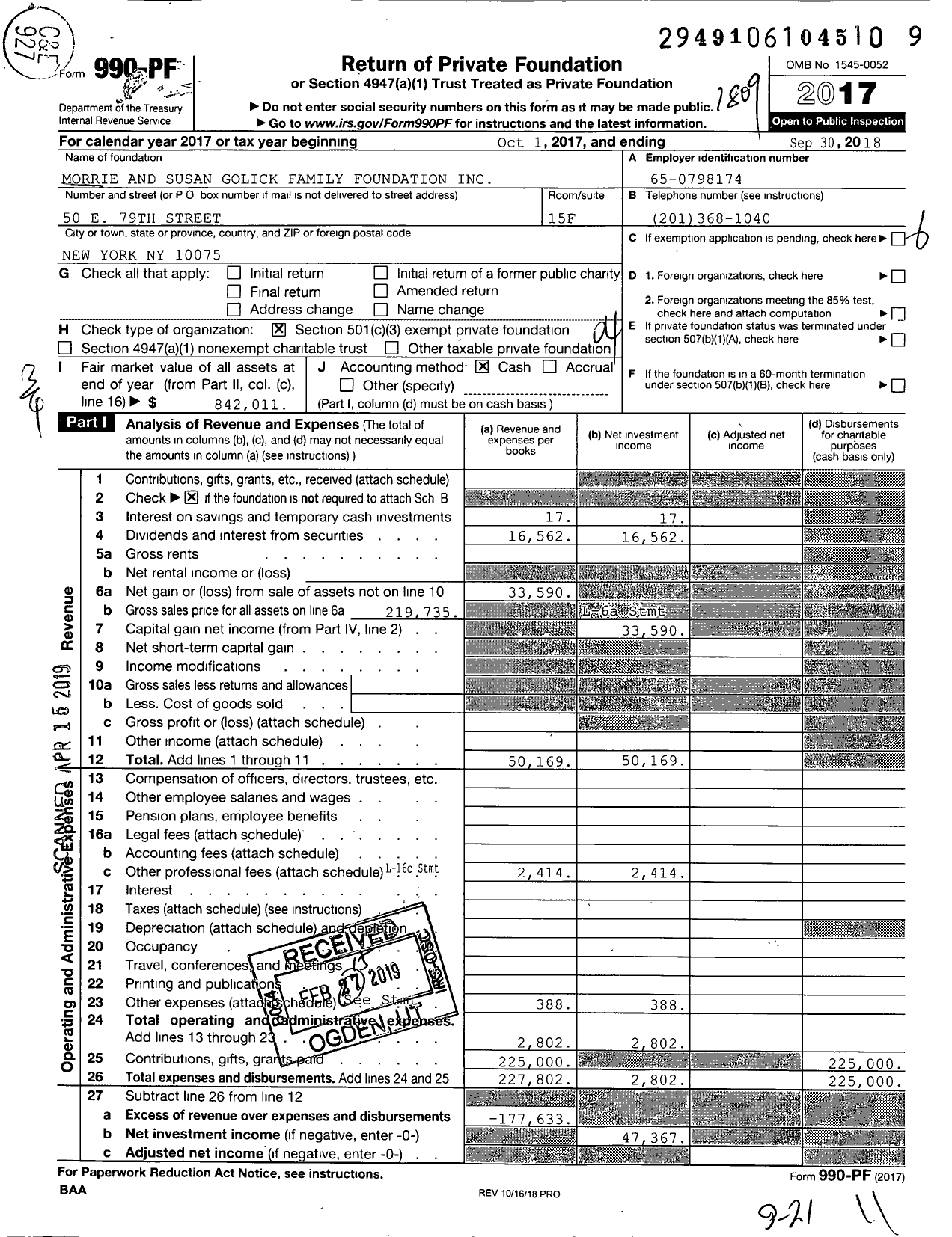 Image of first page of 2017 Form 990PF for Morrie and Susan Golick Family Foundation