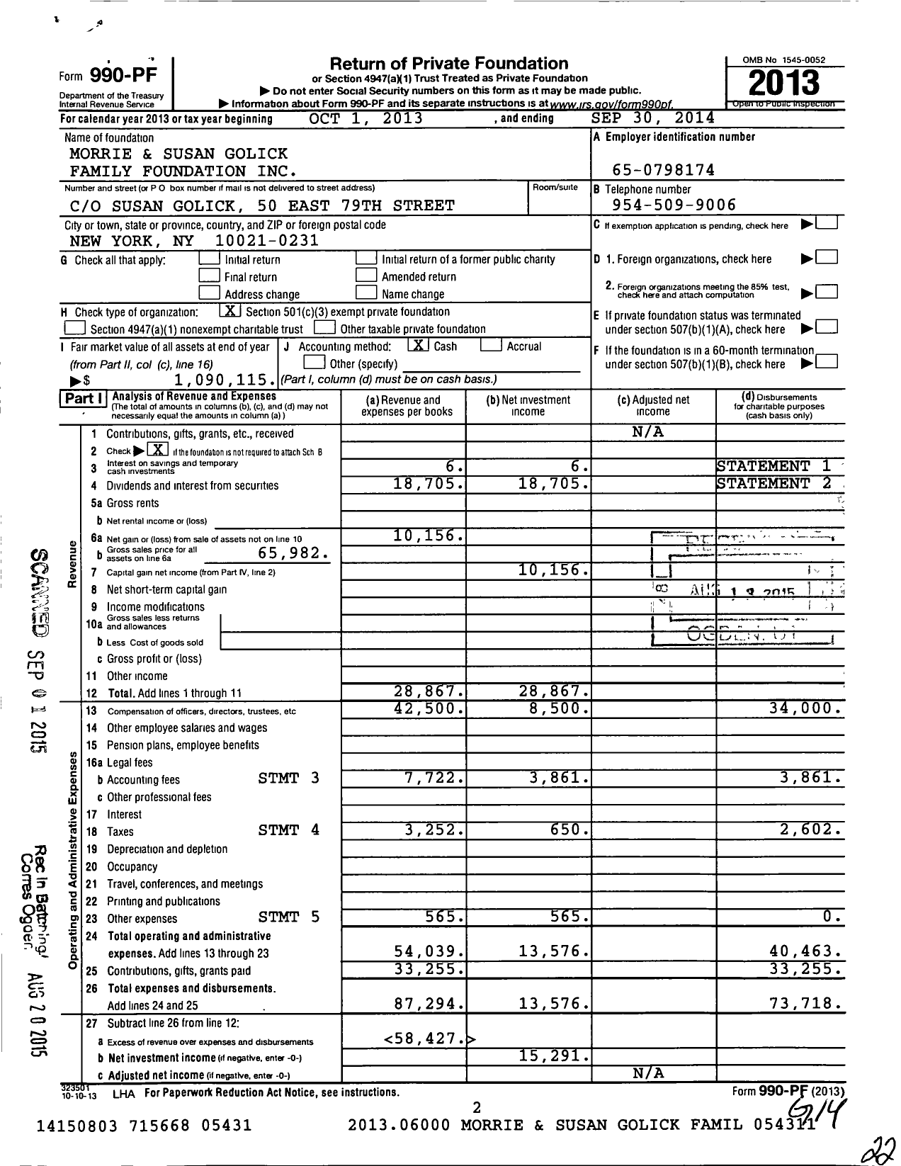 Image of first page of 2013 Form 990PF for Morrie and Susan Golick Family Foundation
