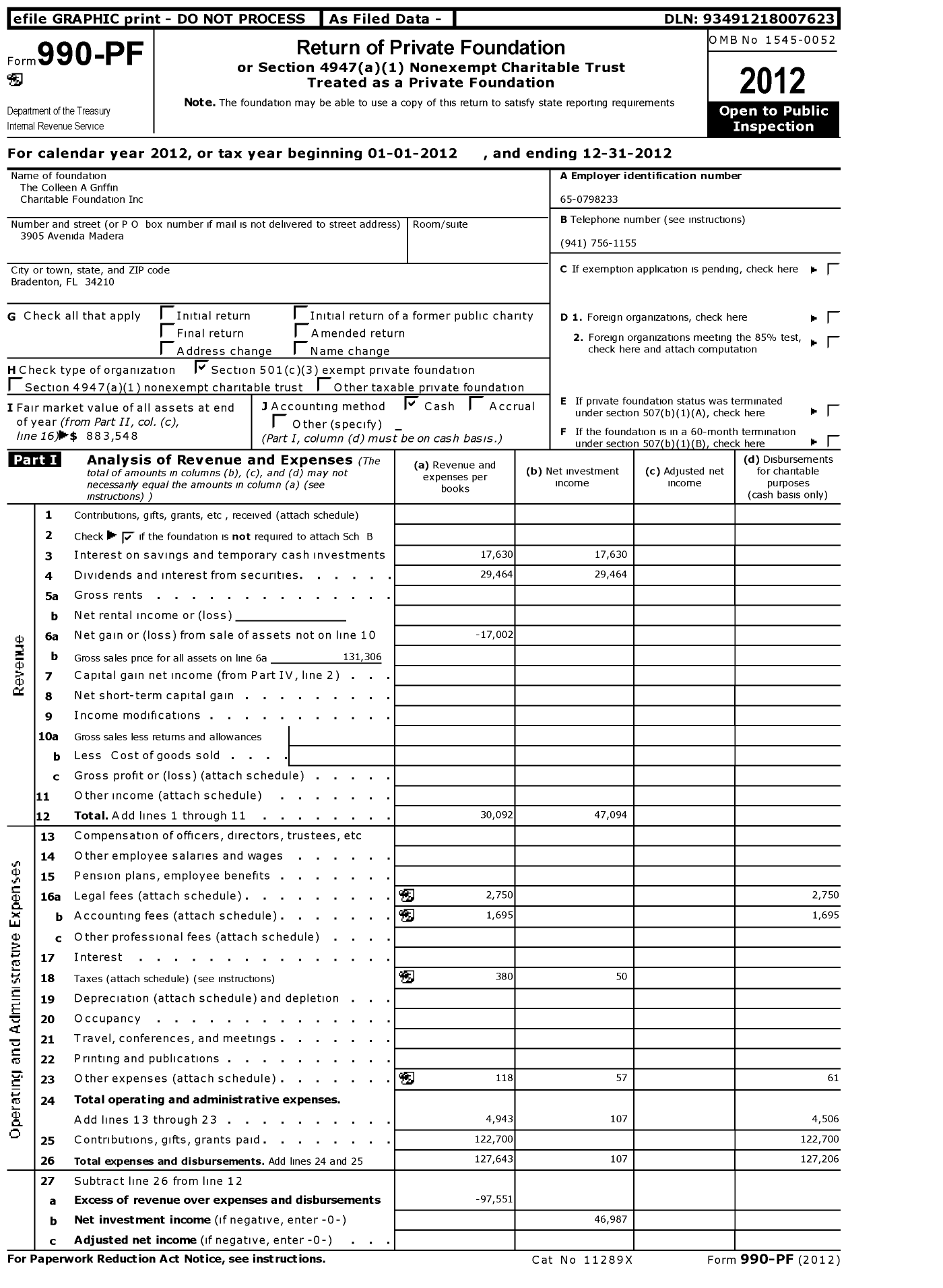 Image of first page of 2012 Form 990PF for The Colleen A Griffin Charitable Foundation