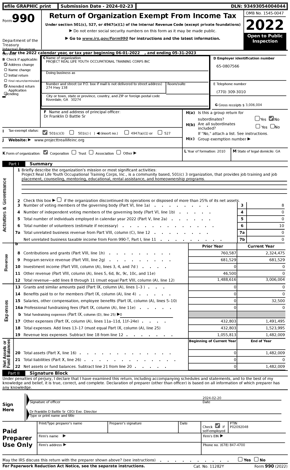 Image of first page of 2022 Form 990 for Project Real Life Youth Occupational Training Corps