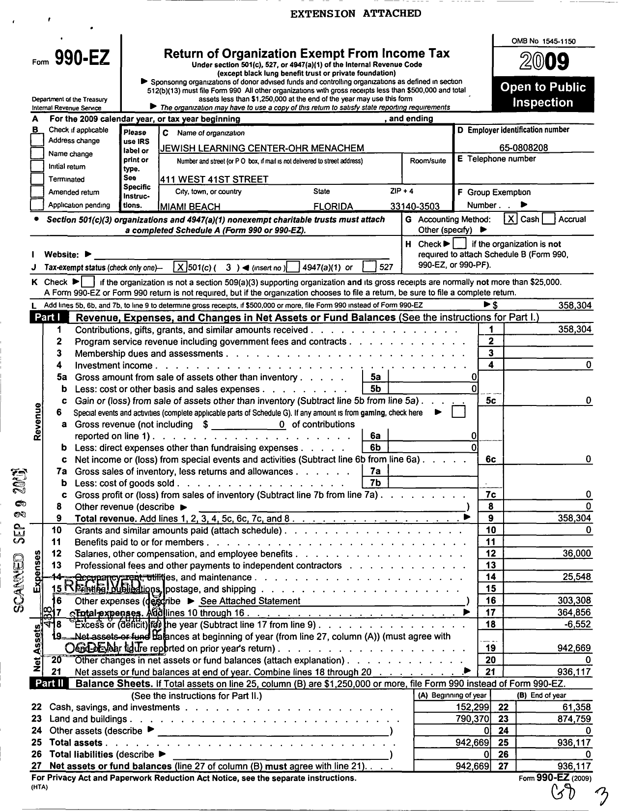 Image of first page of 2009 Form 990EZ for Jewish Learning Center Ohr Menachem