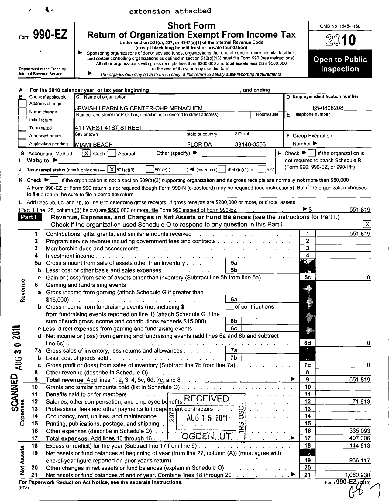 Image of first page of 2010 Form 990EZ for Jewish Learning Center Ohr Menachem