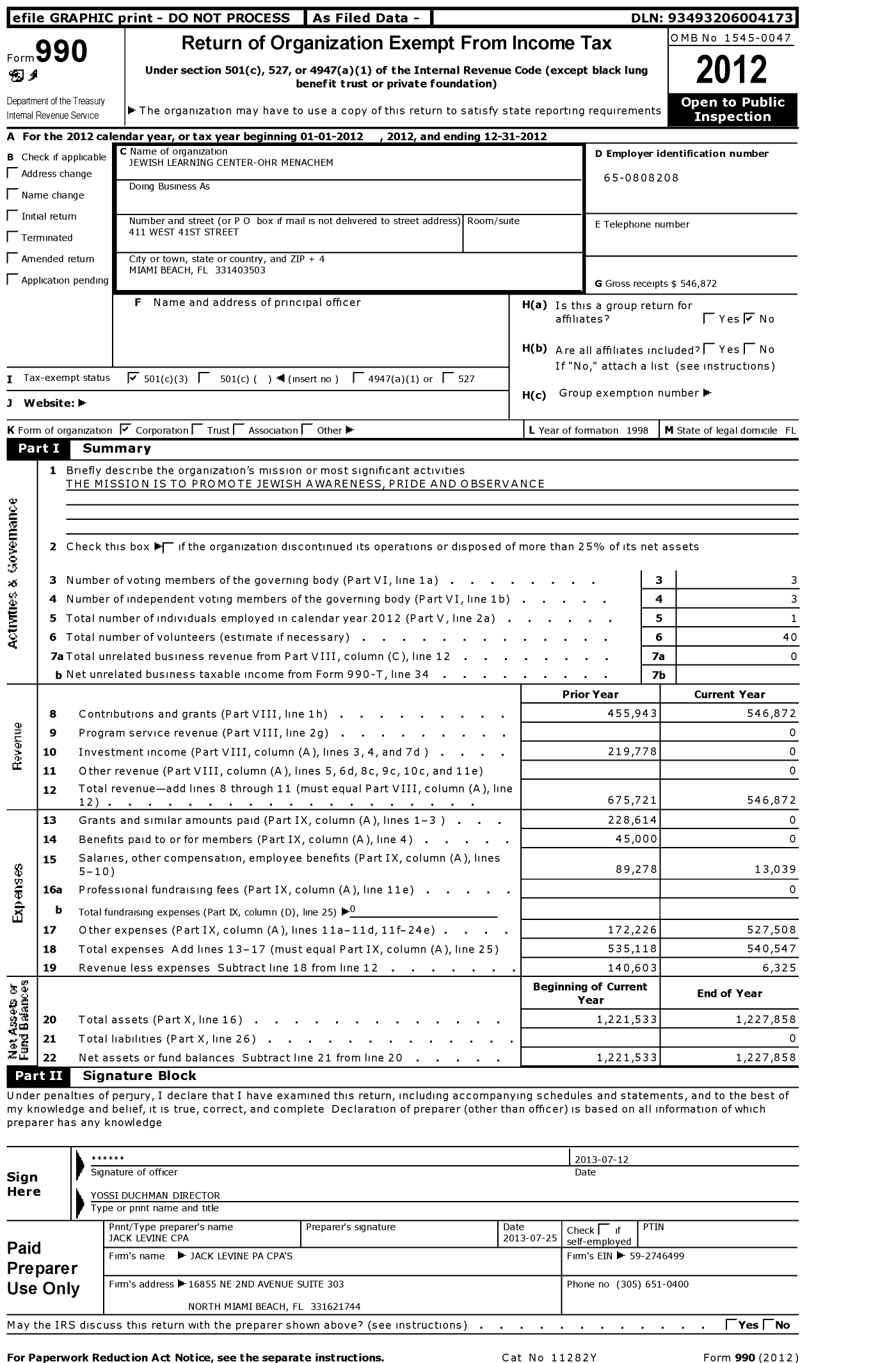 Image of first page of 2012 Form 990 for Jewish Learning Center Ohr Menachem