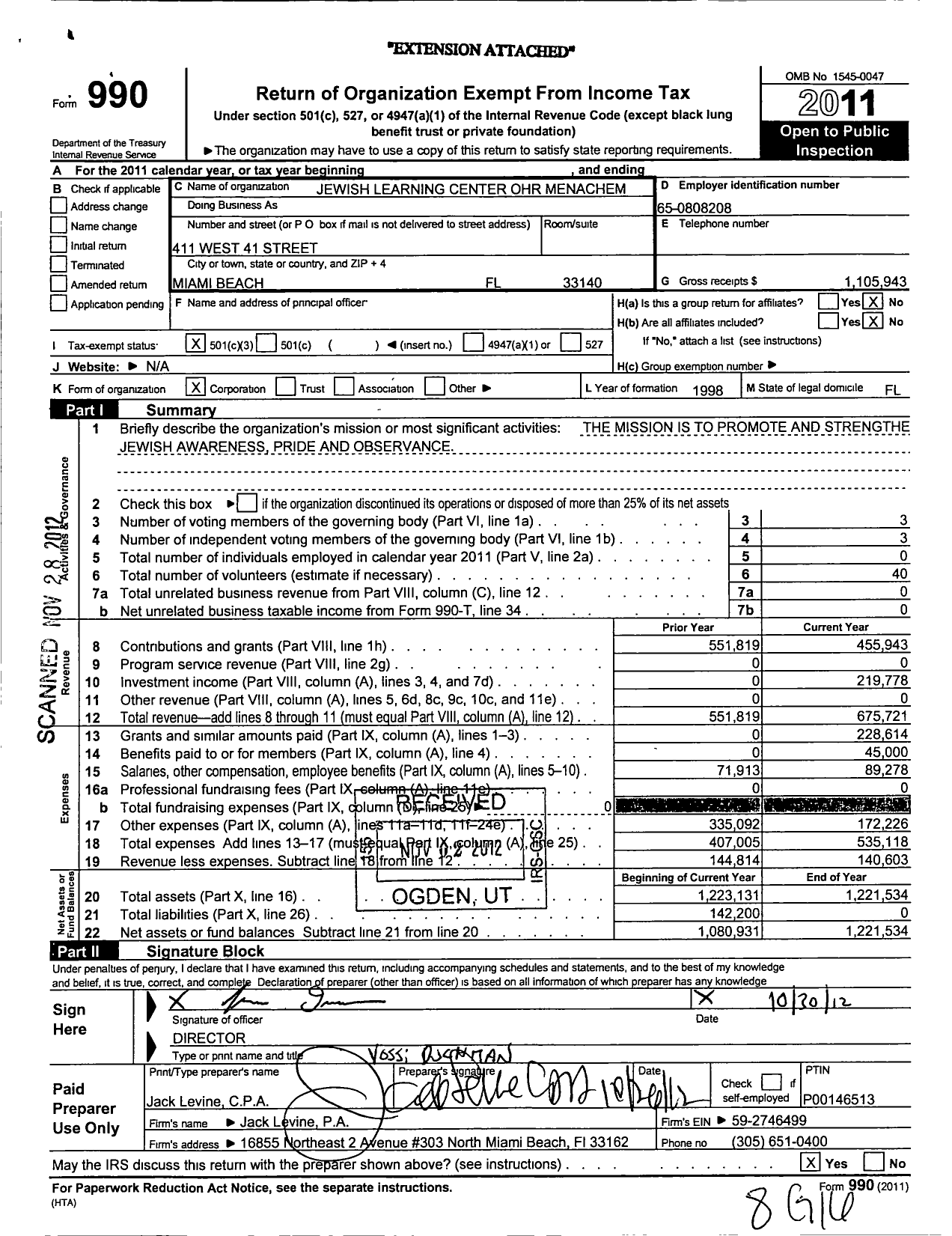 Image of first page of 2011 Form 990 for Jewish Learning Center Ohr Menachem