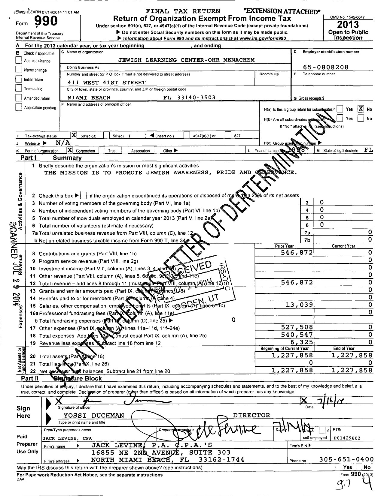 Image of first page of 2013 Form 990 for Jewish Learning Center Ohr Menachem