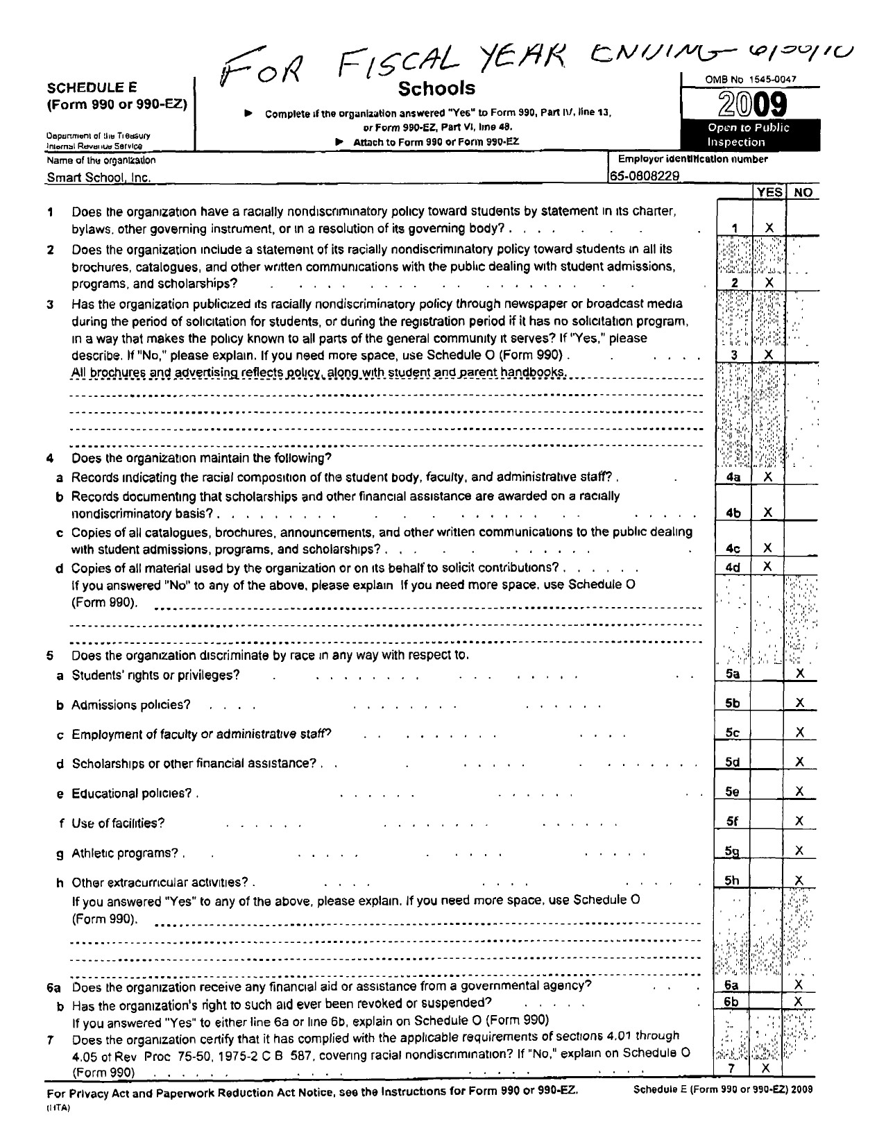 Image of first page of 2009 Form 990R for Smart School