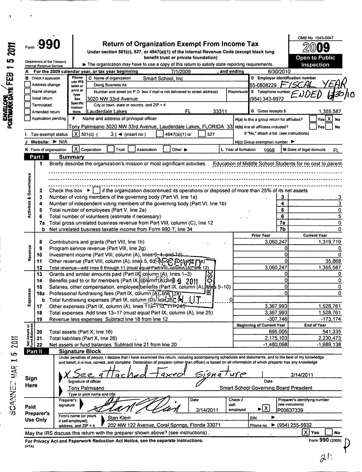 Image of first page of 2009 Form 990 for Smart School