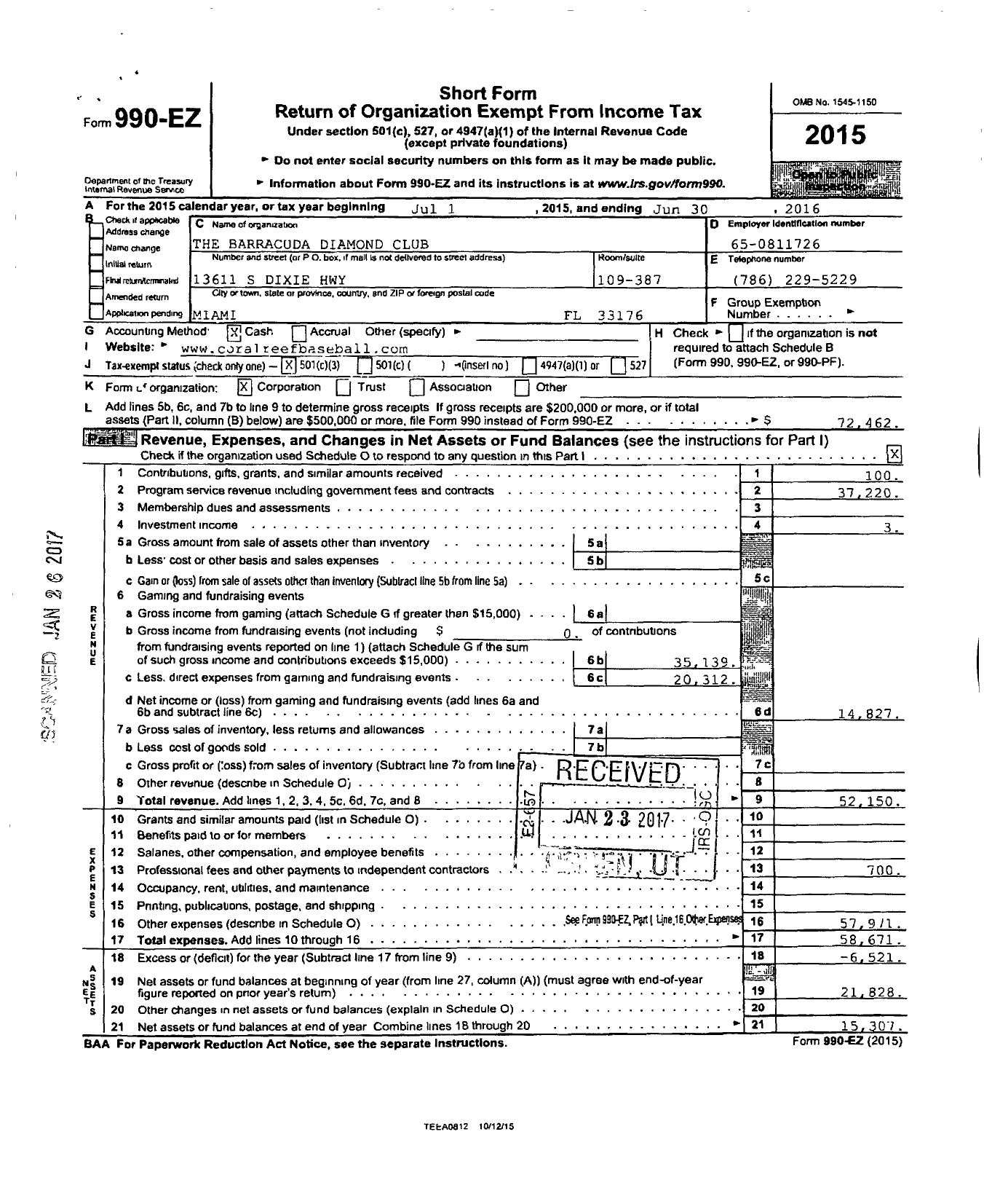 Image of first page of 2015 Form 990EZ for The Barracuda Diamond Club