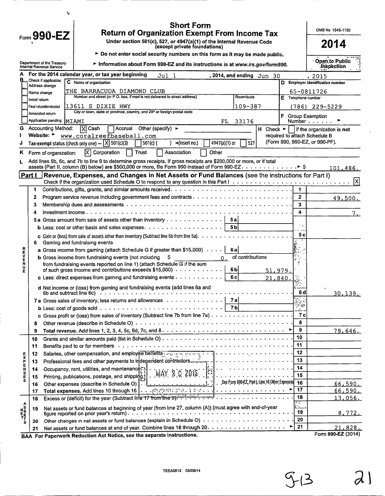 Image of first page of 2014 Form 990EZ for The Barracuda Diamond Club