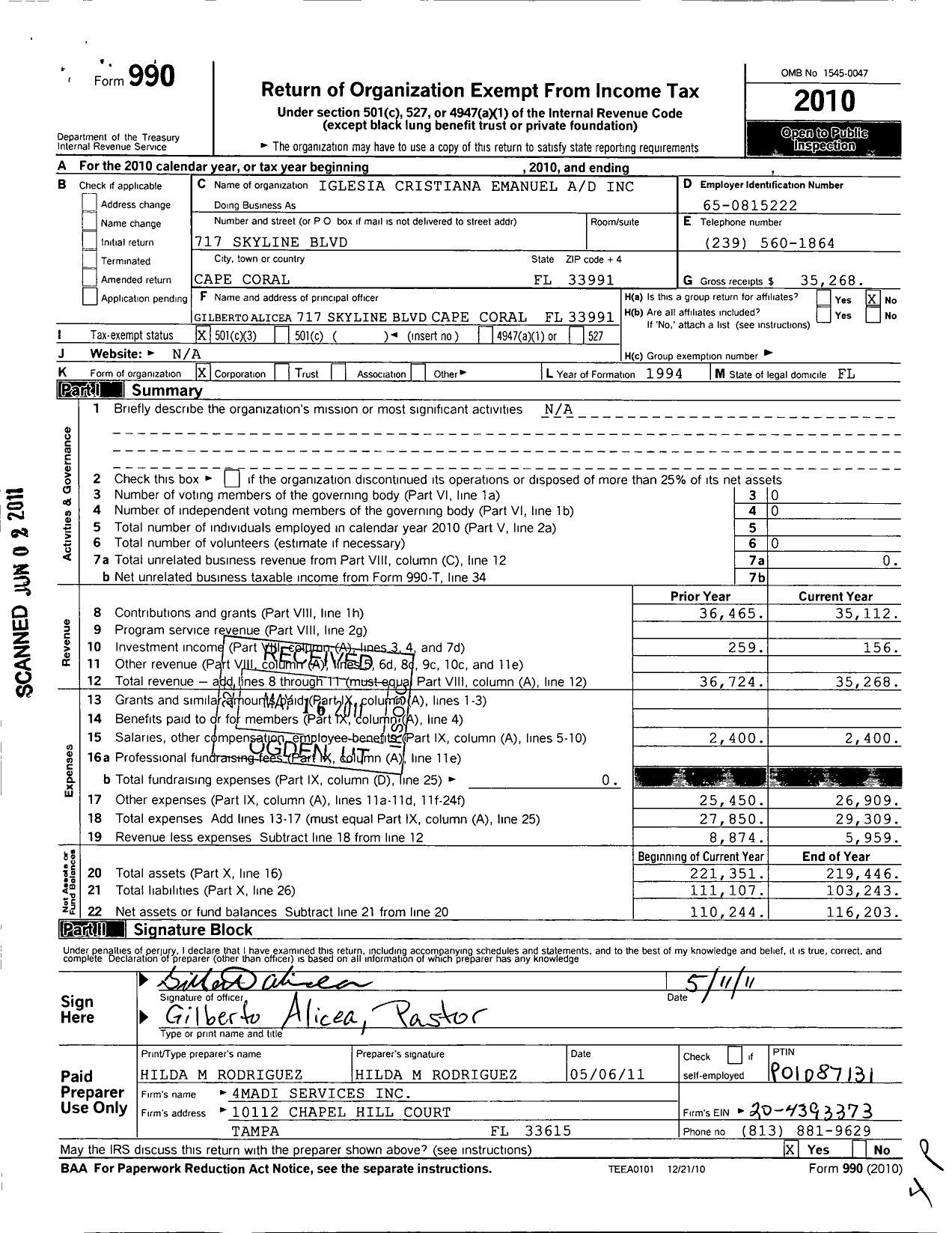 Image of first page of 2010 Form 990 for Iglesia Cristiana Emmanuel