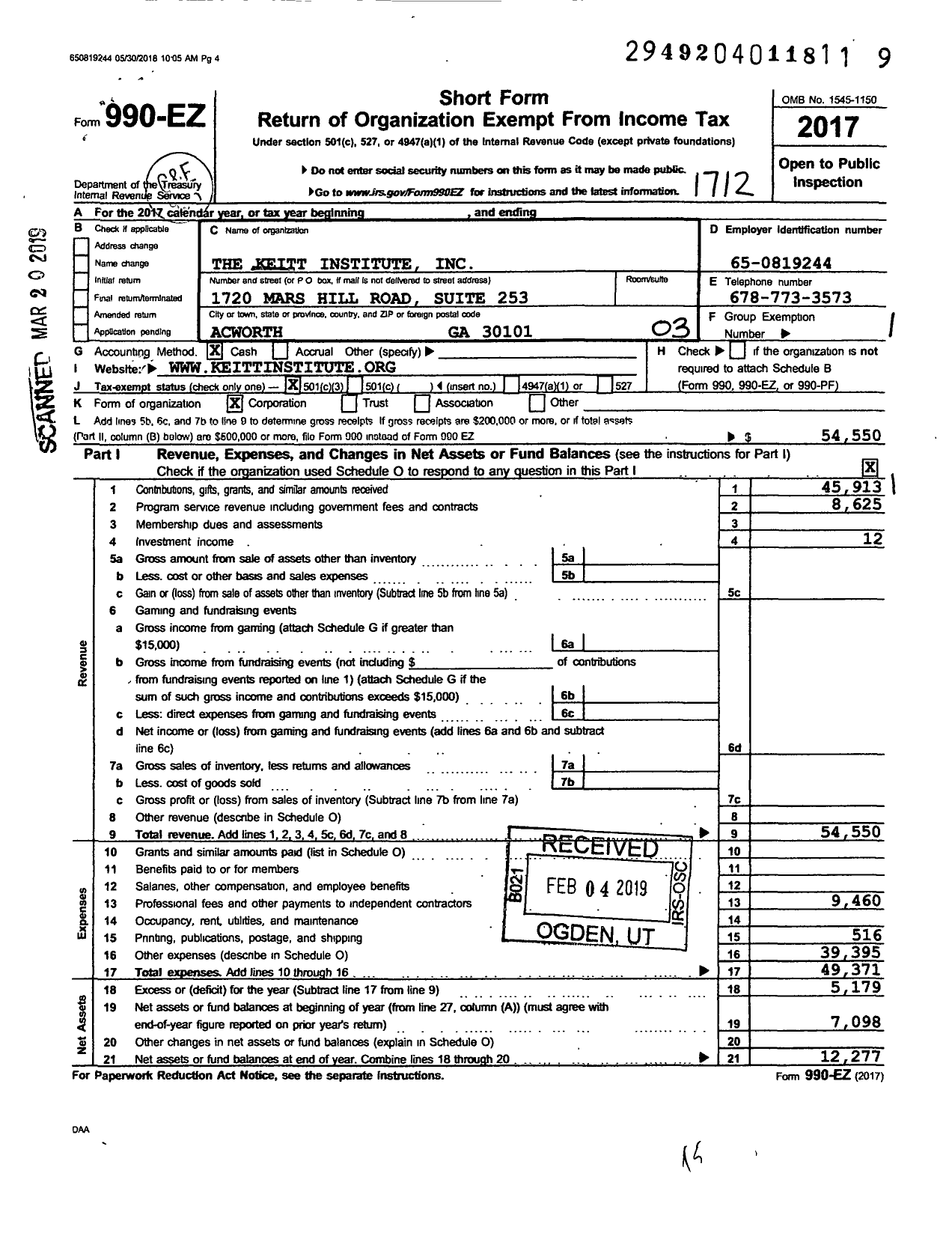 Image of first page of 2014 Form 990EZ for The Keitt Institute