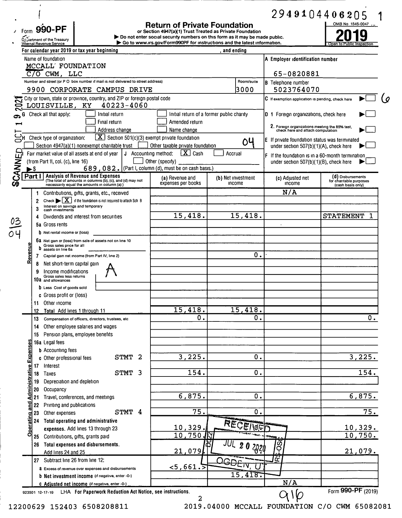 Image of first page of 2019 Form 990PF for Mccall Foundation Michael W Mccall JR