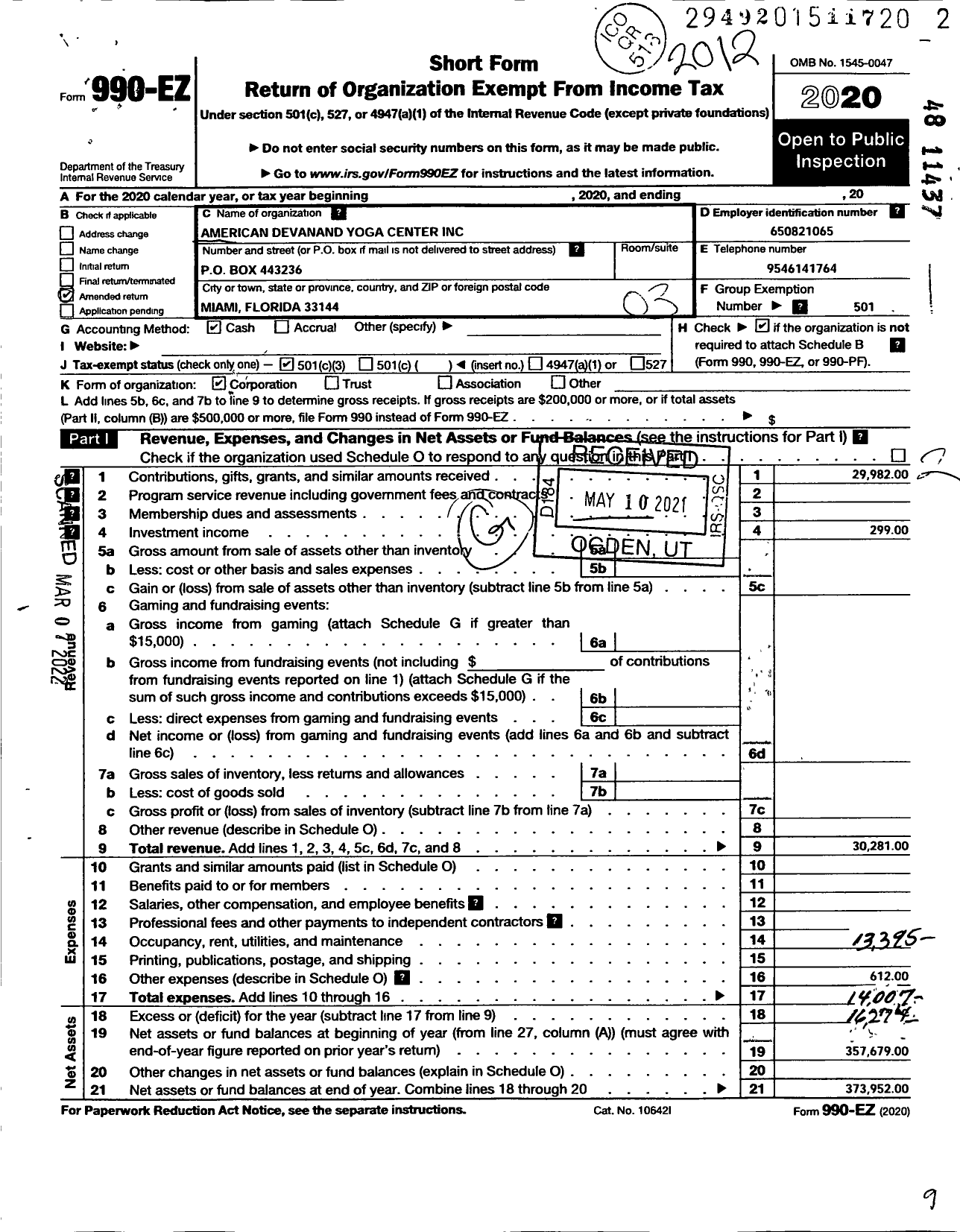 Image of first page of 2020 Form 990EZ for American Devanand Yoga Center