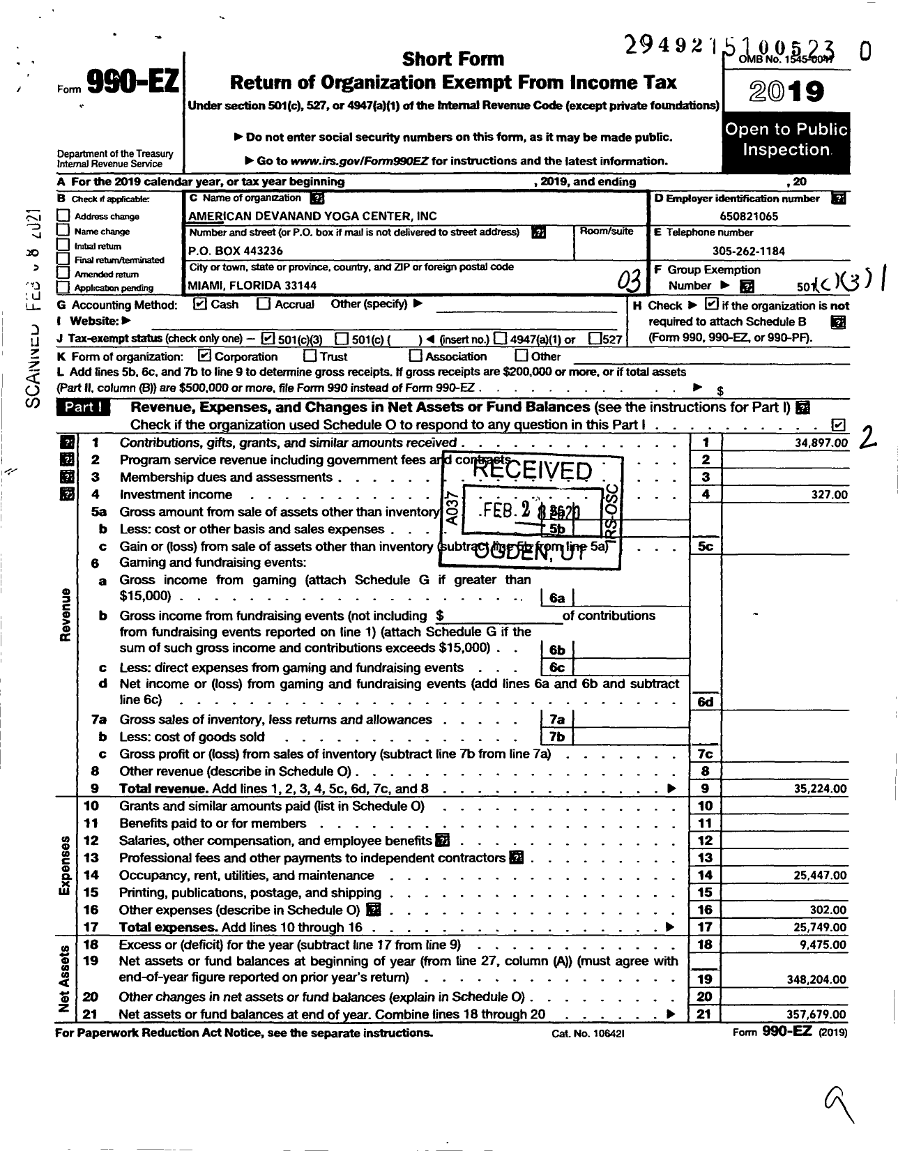 Image of first page of 2019 Form 990EZ for American Devanand Yoga Center