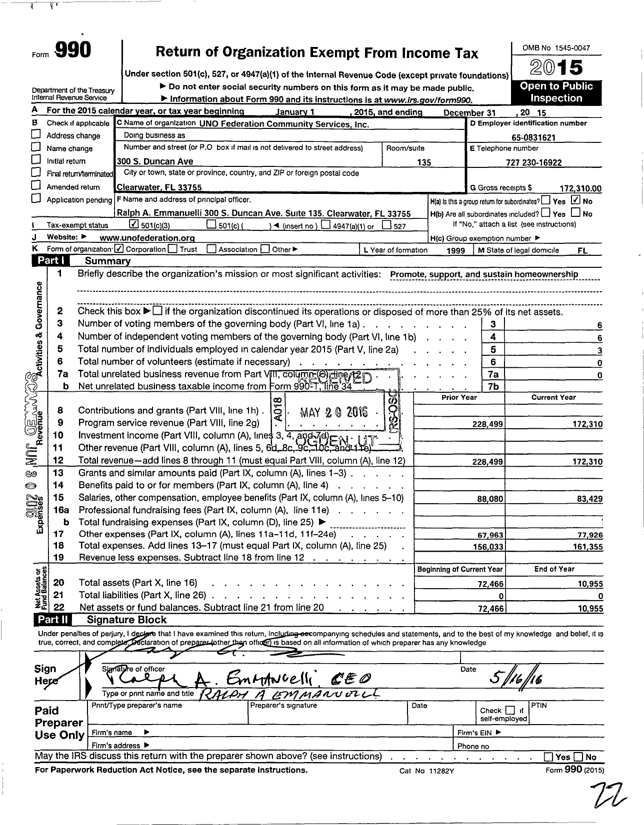 Image of first page of 2015 Form 990 for Uno Federation Community Services