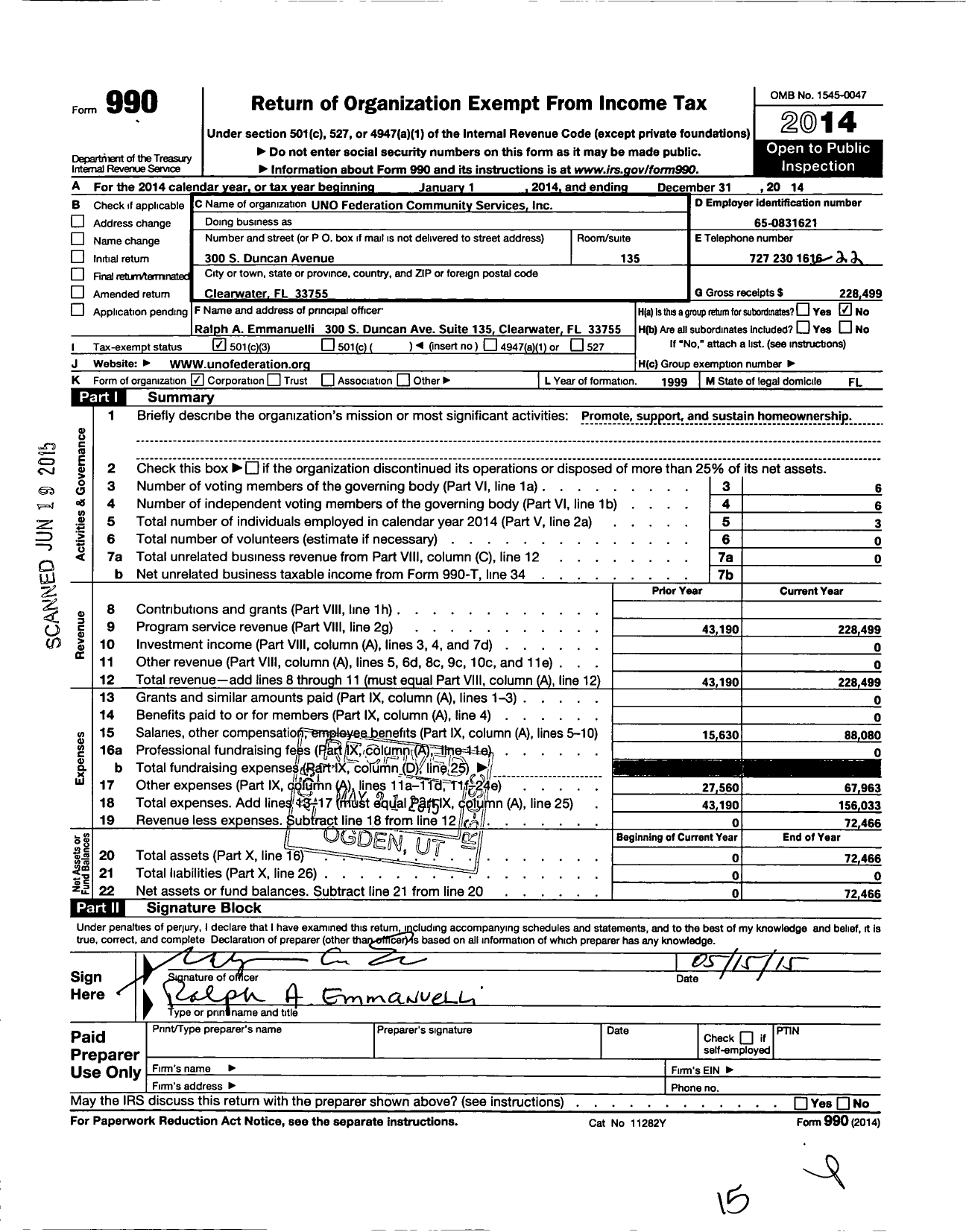 Image of first page of 2014 Form 990 for Uno Federation Community Services