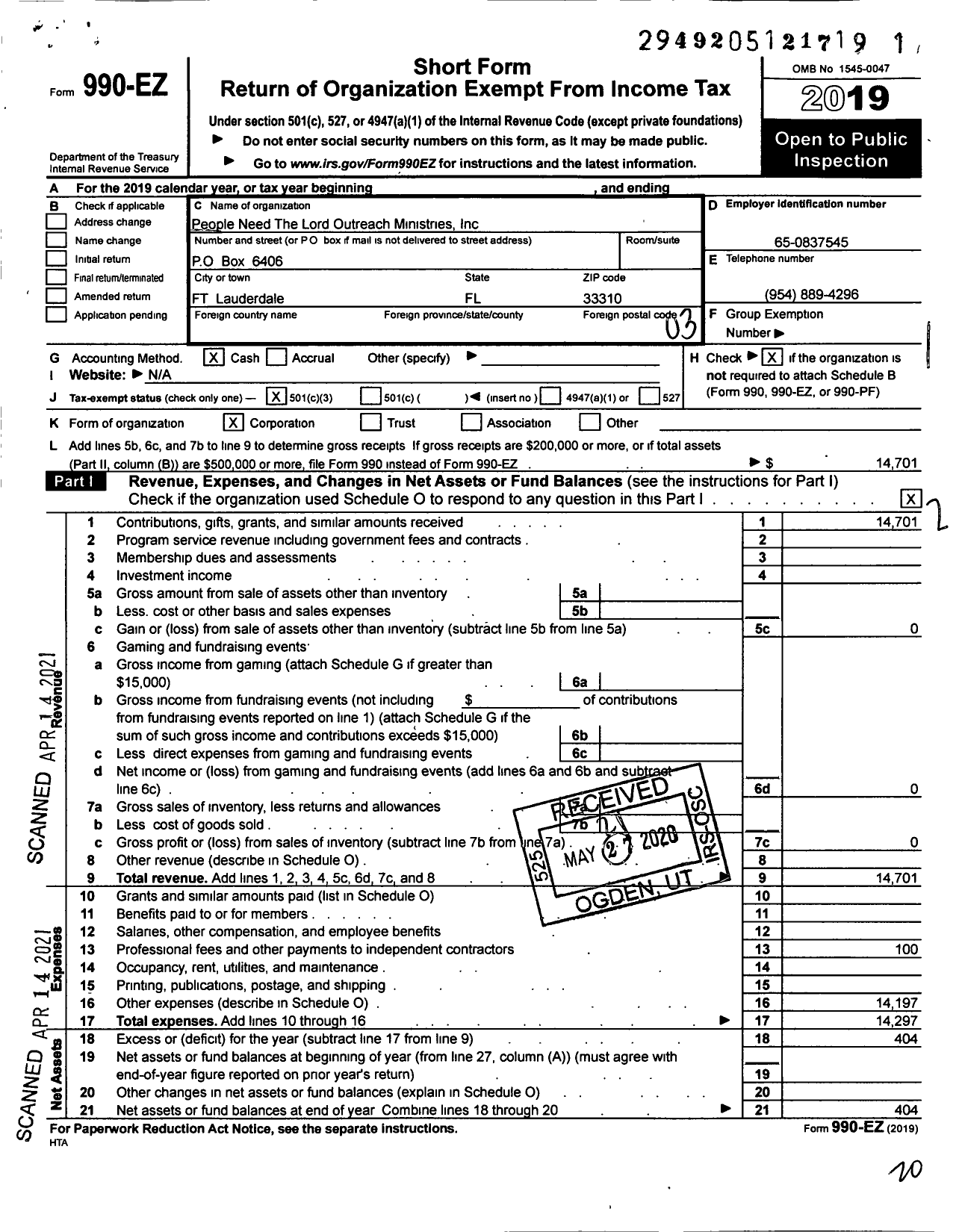 Image of first page of 2019 Form 990EZ for People Need the Lord Outreach Ministry