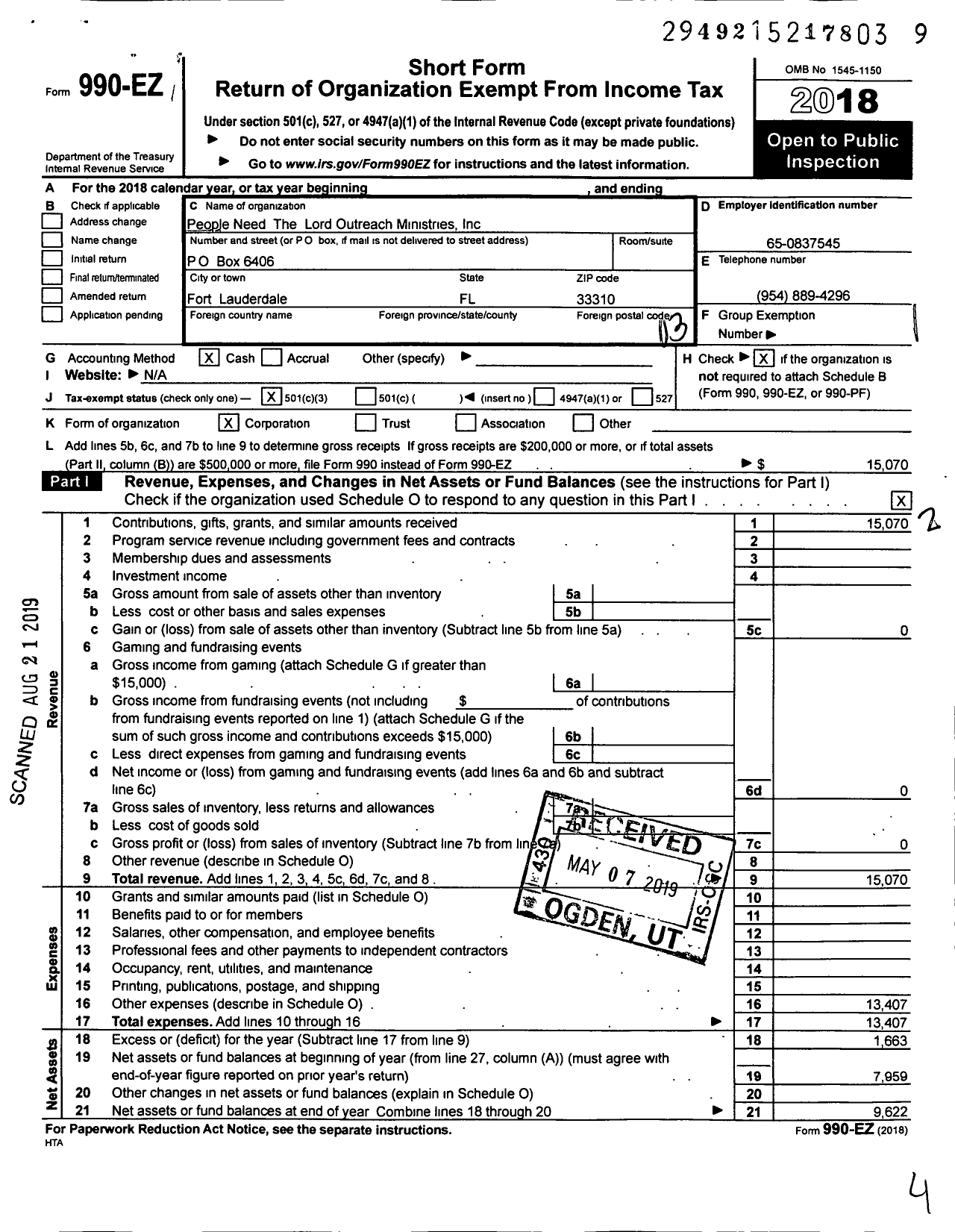 Image of first page of 2018 Form 990EZ for People Need the Lord Outreach Ministry