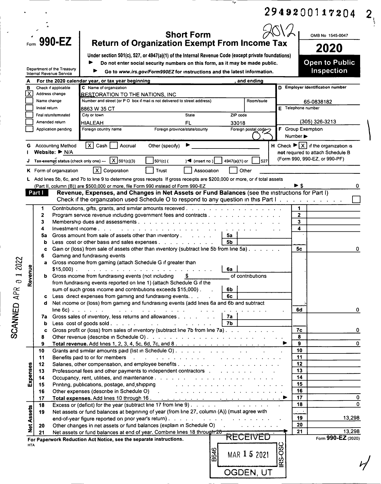 Image of first page of 2020 Form 990EZ for Restoration To the Nations