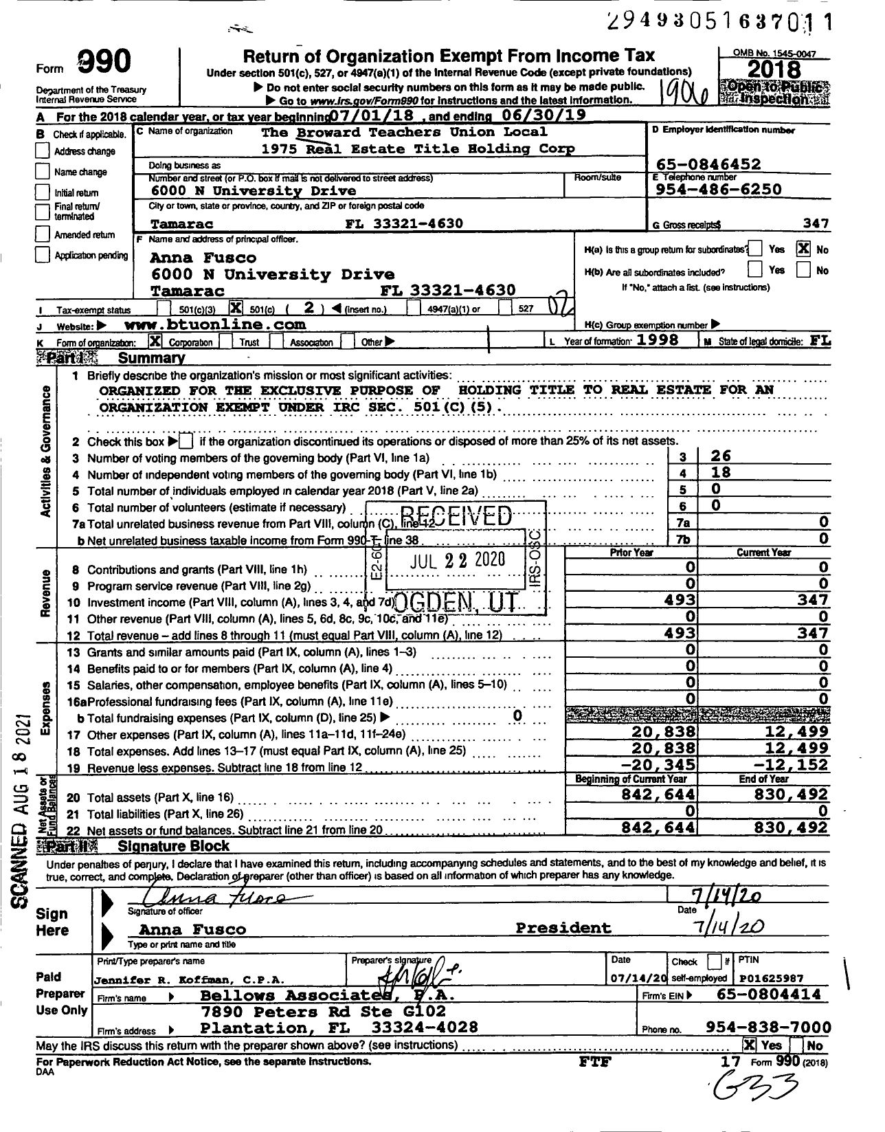 Image of first page of 2018 Form 990O for American Federation of Teachers - 1975 Broward Teachers Real Est Title