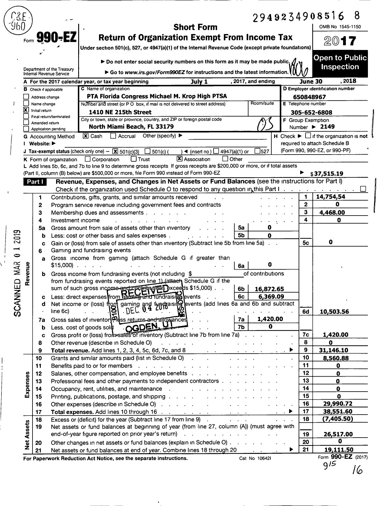 Image of first page of 2017 Form 990EZ for PTA Florida Congress - Michael Krop High Ptsa