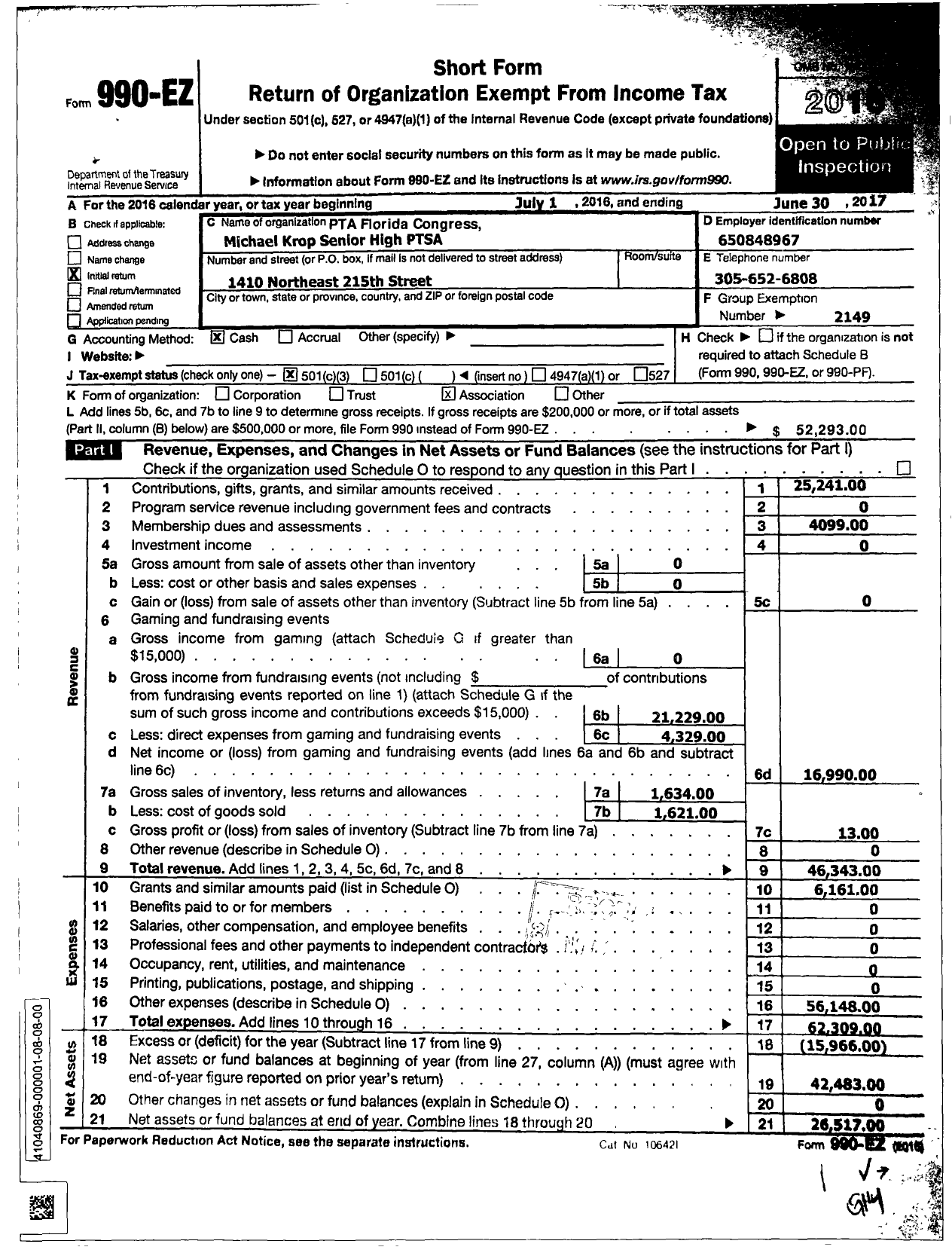 Image of first page of 2016 Form 990EZ for PTA Florida Congress - Michael Krop High Ptsa