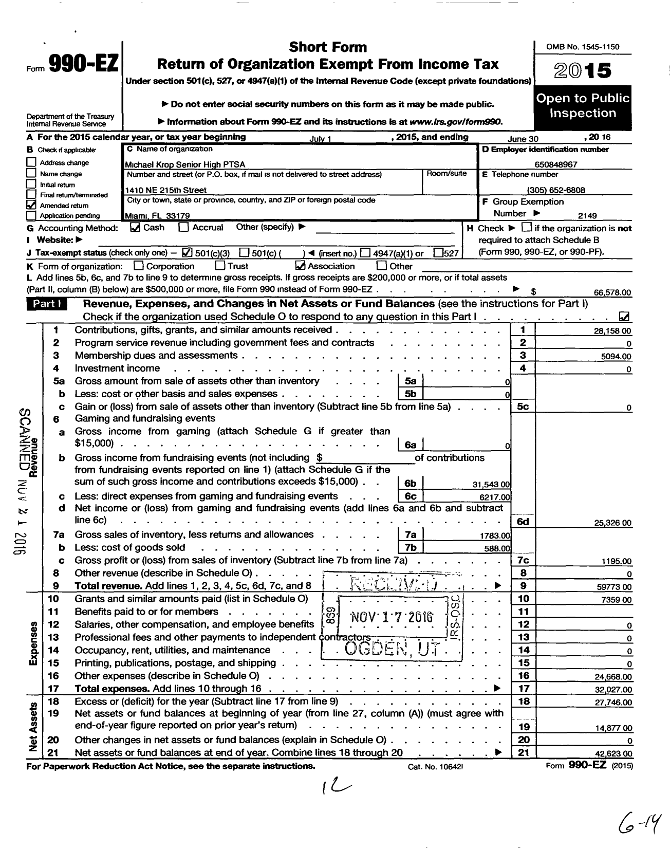 Image of first page of 2015 Form 990EZ for PTA Florida Congress - Michael Krop High Ptsa