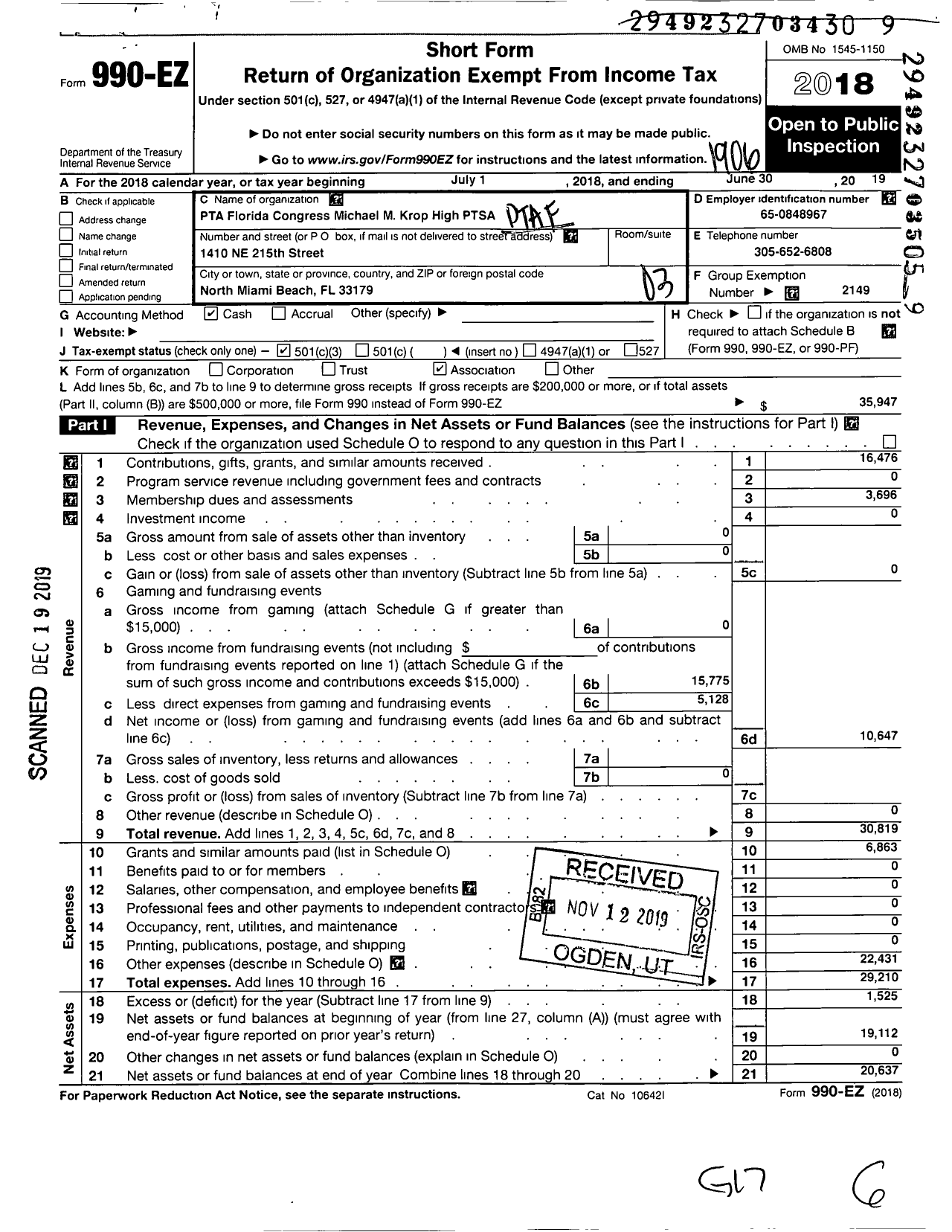 Image of first page of 2018 Form 990EZ for PTA Florida Congress - Michael Krop High Ptsa