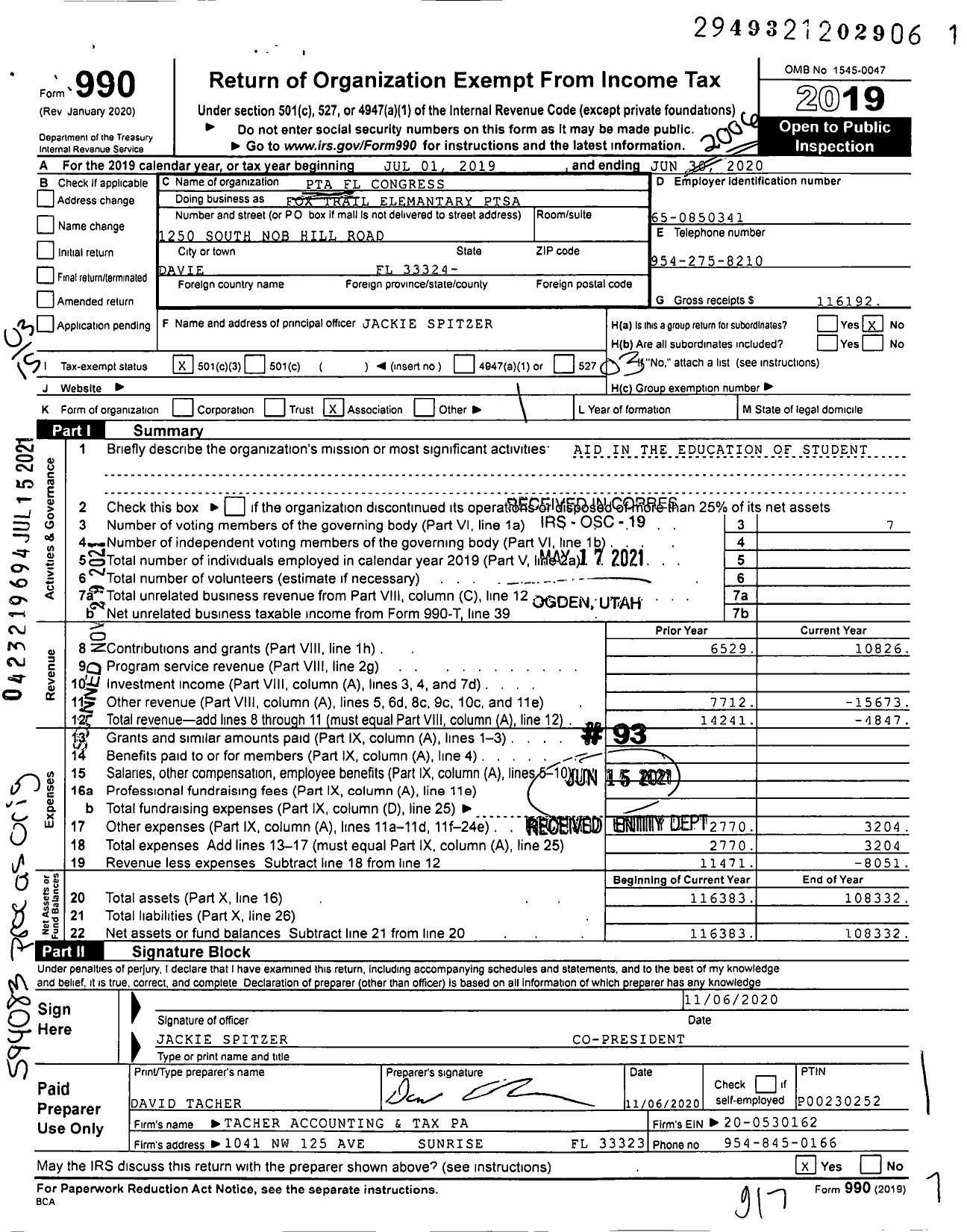 Image of first page of 2019 Form 990 for PTA Florida Congress - Fox Trail Elementary Ptsa