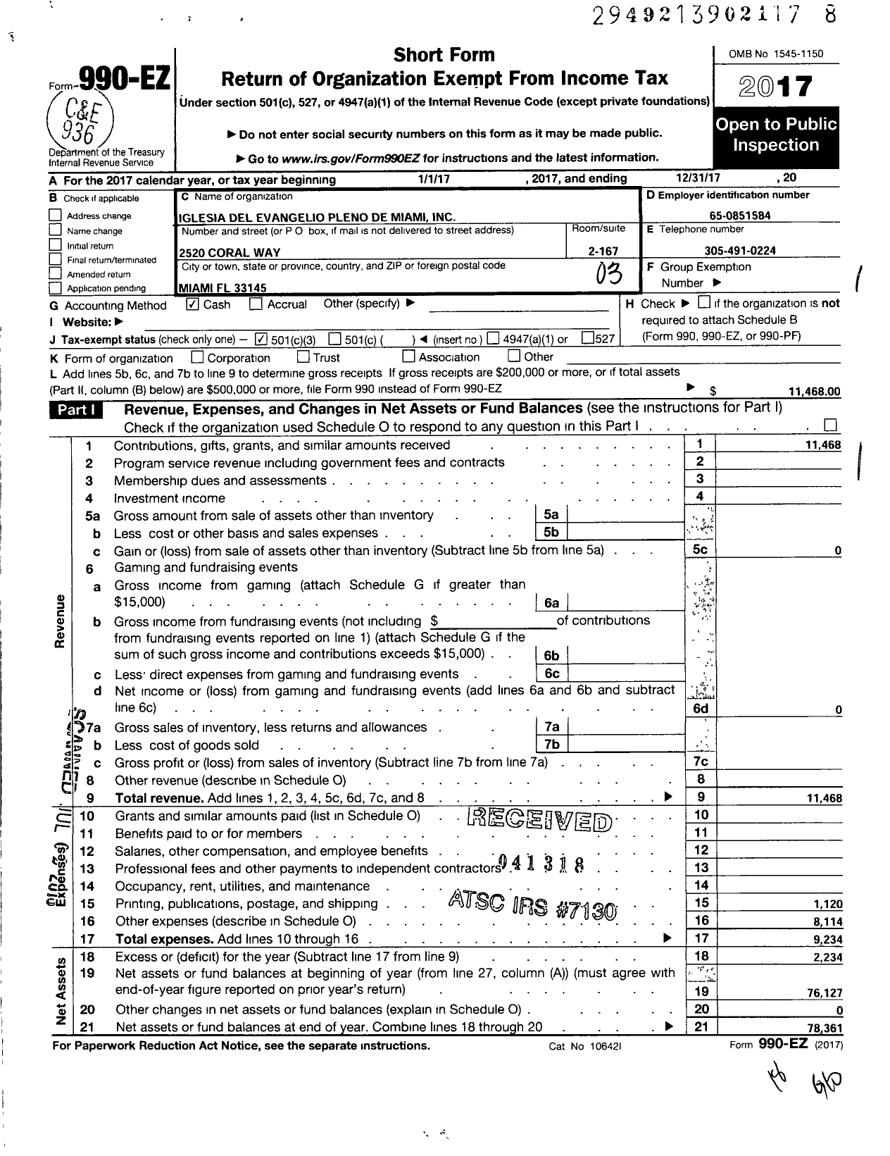 Image of first page of 2017 Form 990EZ for Iglesia Del Evangelio Pleno de Miami