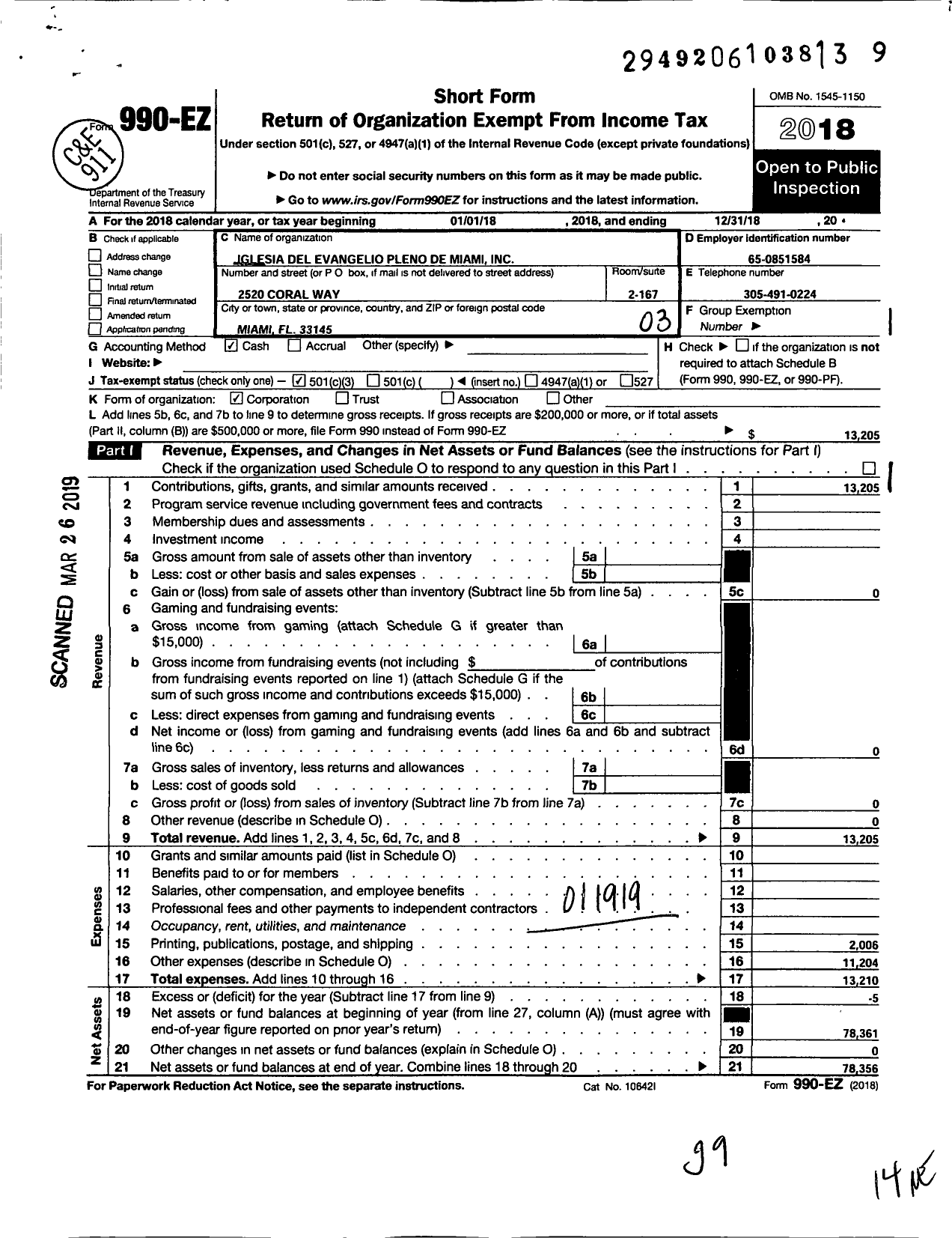 Image of first page of 2018 Form 990EZ for Iglesia Del Evangelio Pleno de Miami