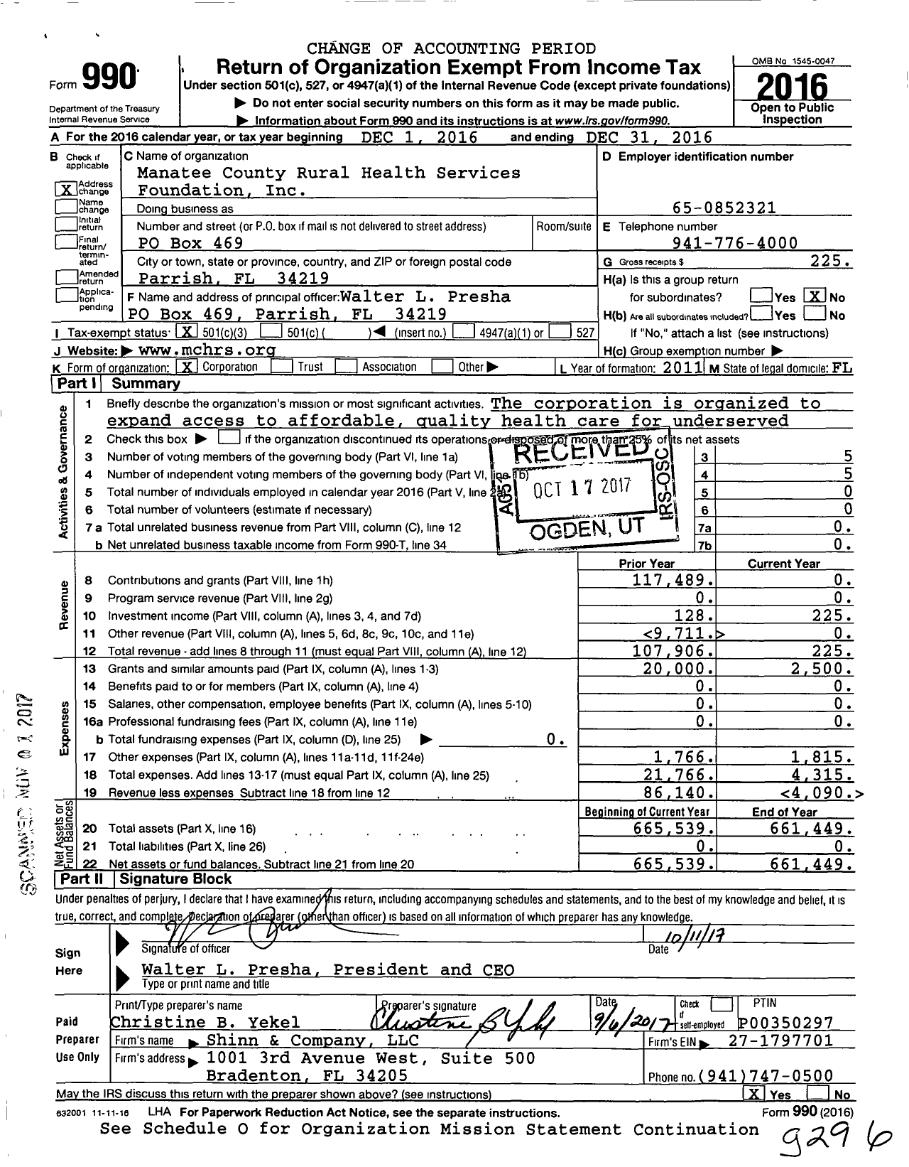 Image of first page of 2016 Form 990 for MCR Health Foundation