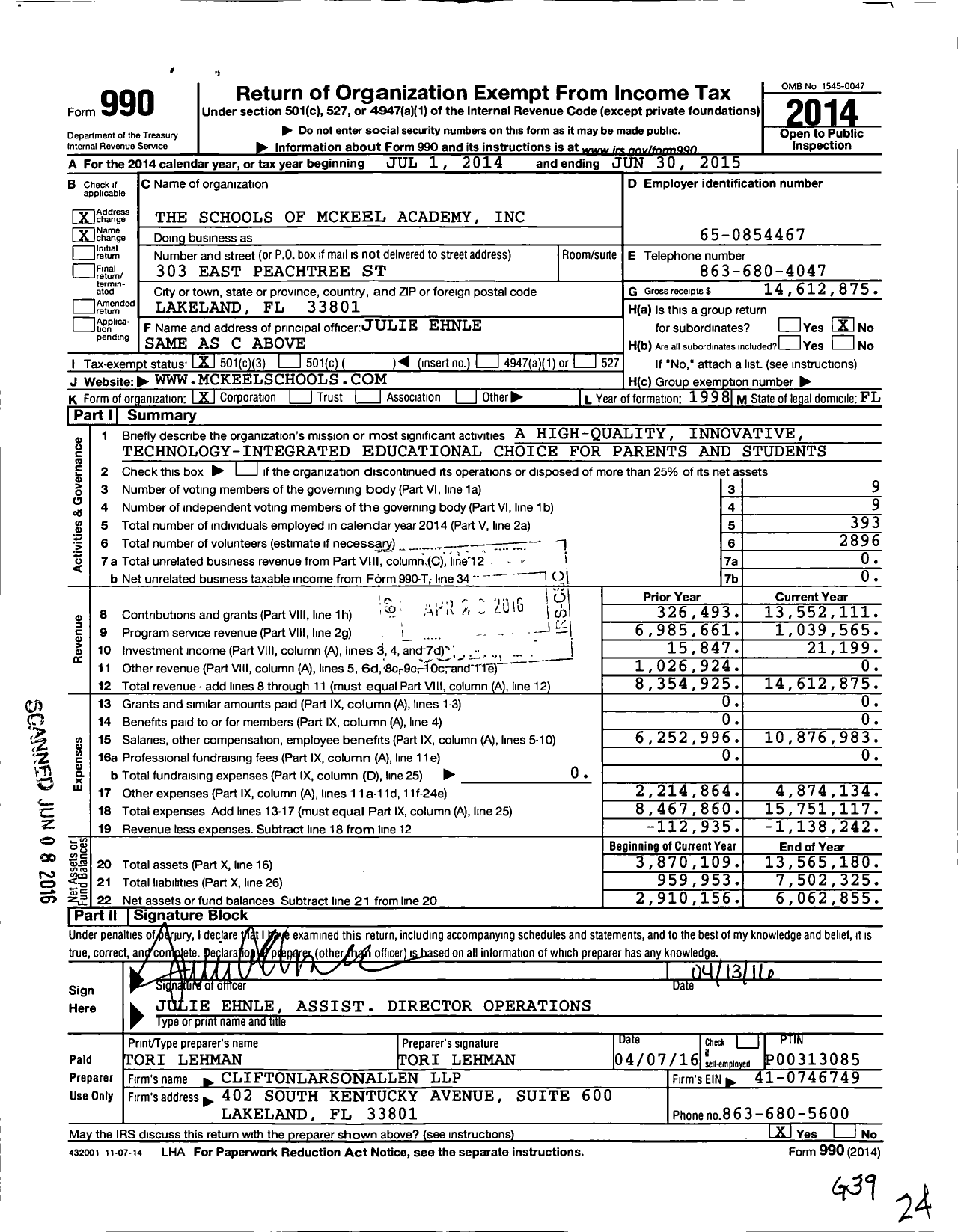 Image of first page of 2014 Form 990 for McKeel Academy of Technology