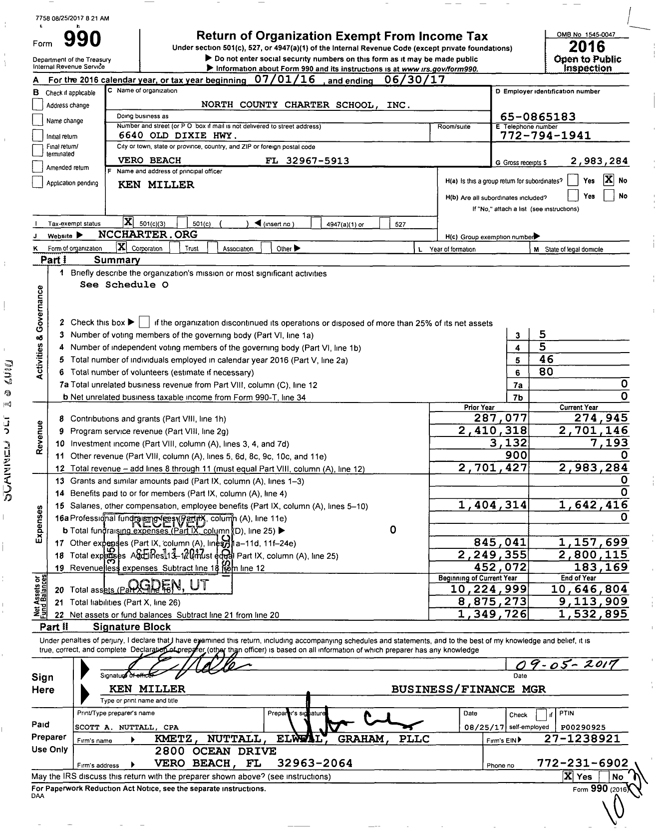 Image of first page of 2016 Form 990 for North County Charter School