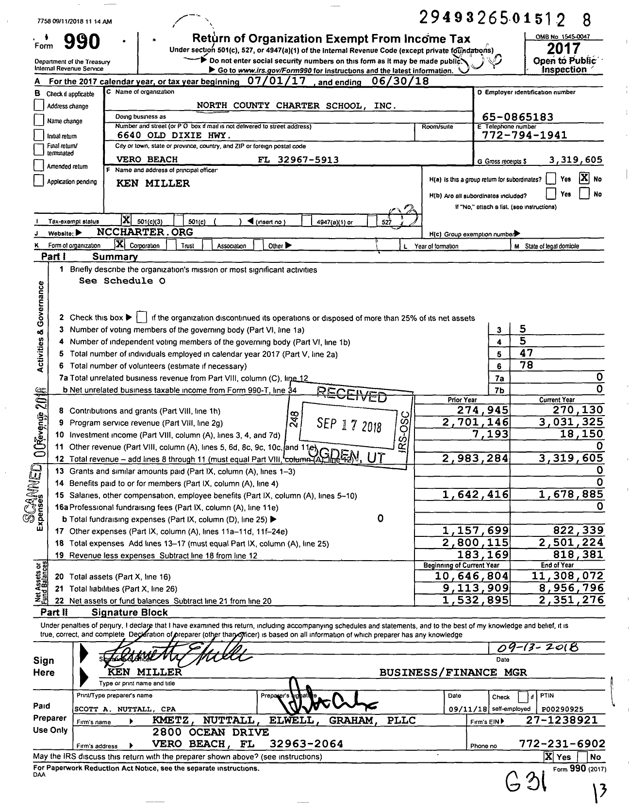 Image of first page of 2017 Form 990 for North County Charter School